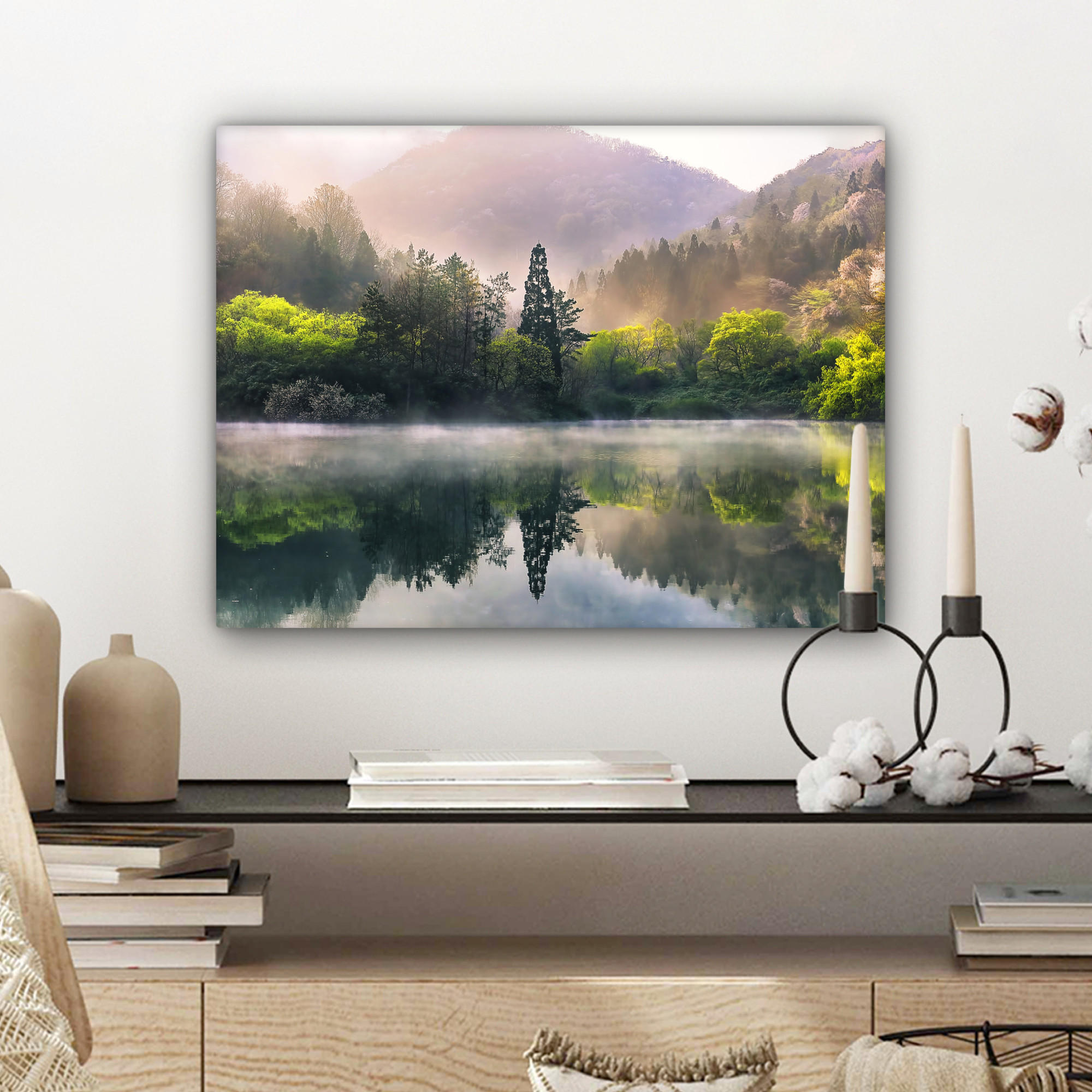 LEINWANDBILD Natur - Bäume - Berge - See - Wasser 40x30 cm - Hellgrün, Textil (40/30cm) - MuchoWow