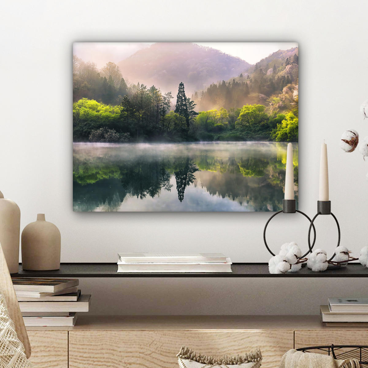 LEINWANDBILD Natur - Bäume - Berge - See - Wasser 40x30 cm - Hellgrün, Textil (40/30cm) - MuchoWow
