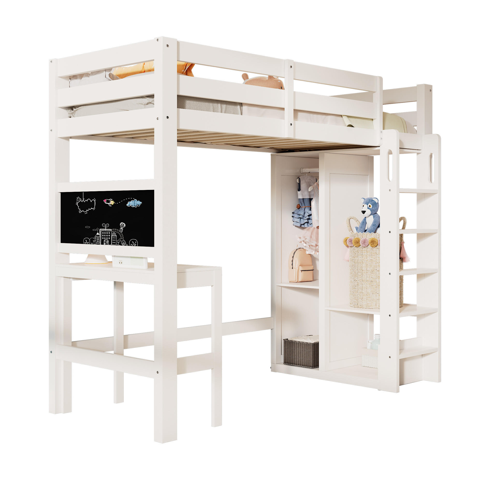HOCHBETT 90/200 cm in Weiß mit Schreibtisch, Kreidetafel und offenem Kleiderschrank - Weiß, Holzwerkstoff (90/200cm) - Flora Grace