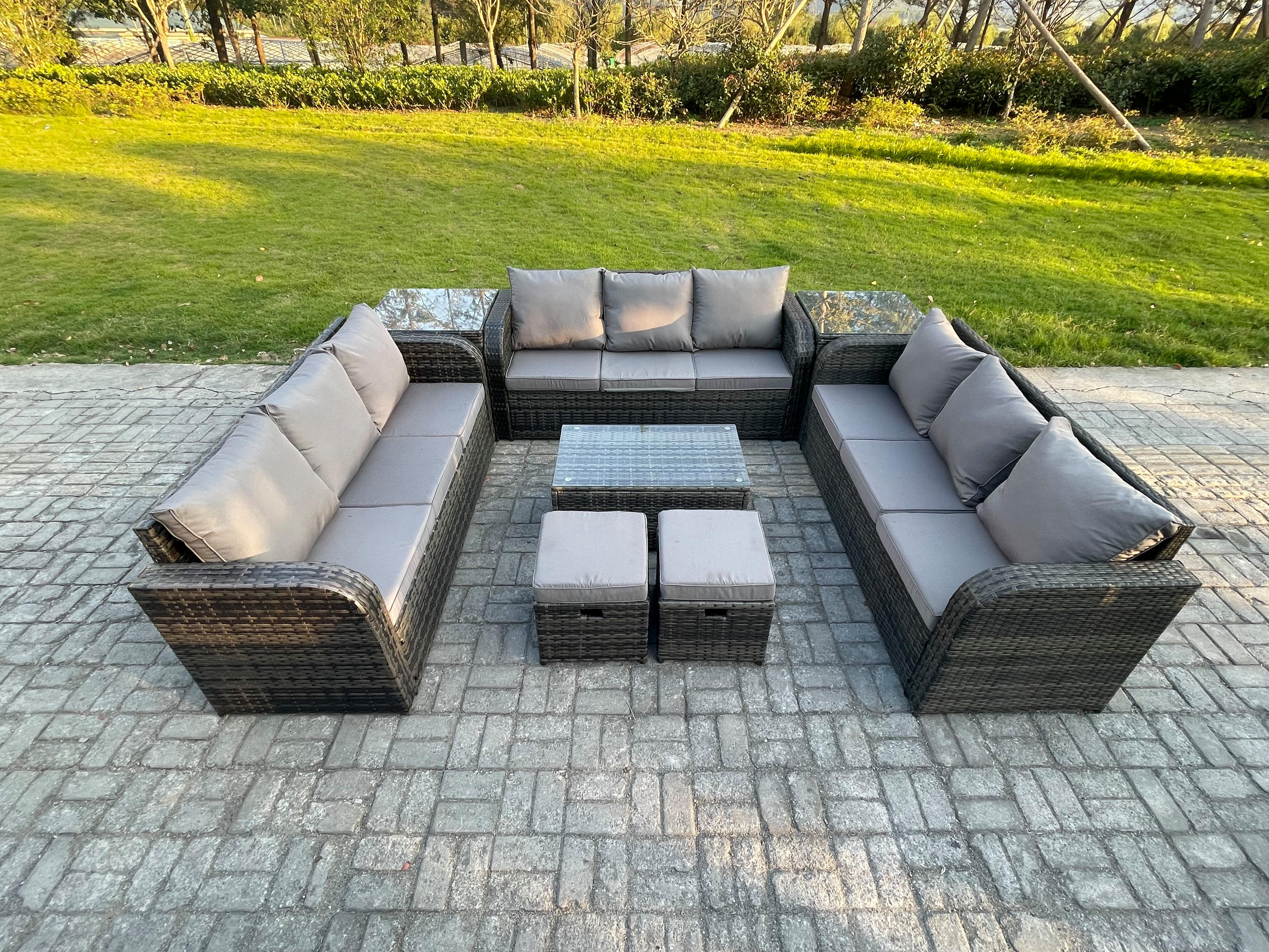 GARTENMÖBELGARNITUR mit KISSEN Polyrattan Dunkelgrau 11-Sitzer - Dunkelgrau/Grau, Glas/Kunststoff - Fimous