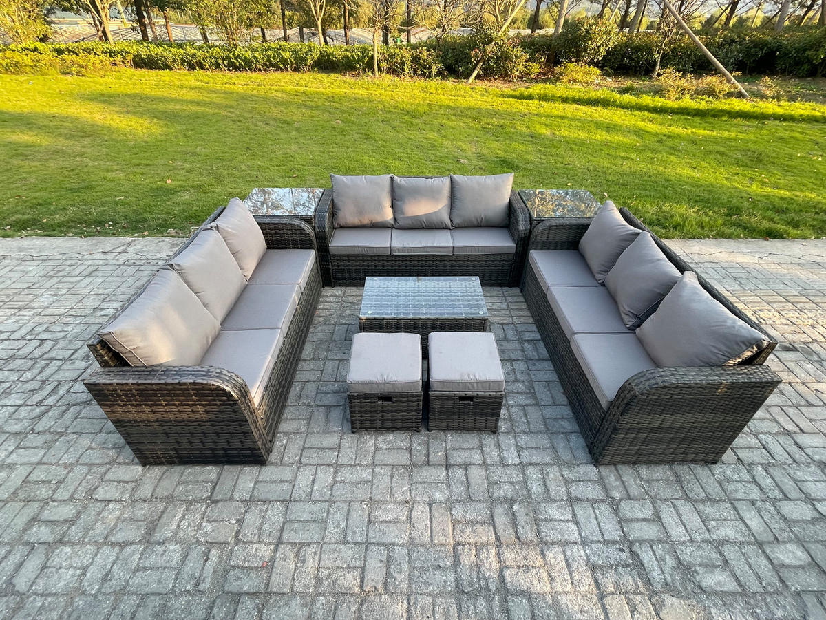 GARTENMÖBELGARNITUR mit KISSEN Polyrattan Dunkelgrau 11-Sitzer - Dunkelgrau/Grau, Glas/Kunststoff - Fimous