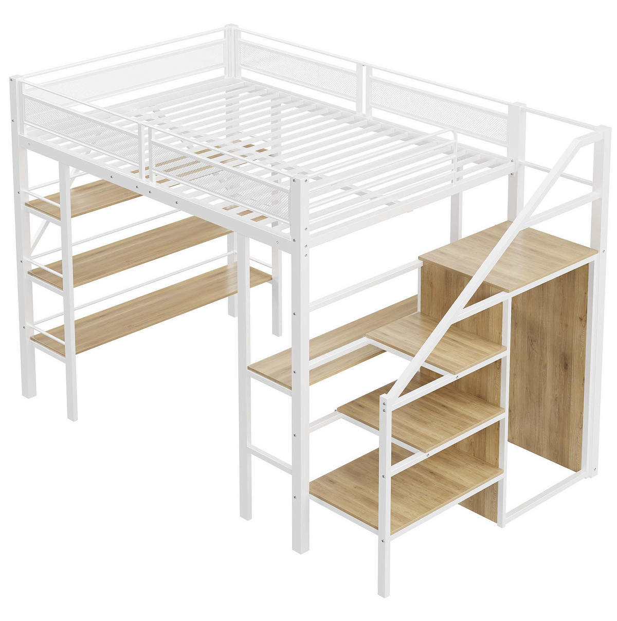 HOCHBETT 140/200 cm in Weiß mit Schreibtisch, Regal, Kleiderschrank und Treppe - Weiß, Metall (140/200cm) - Flora Grace