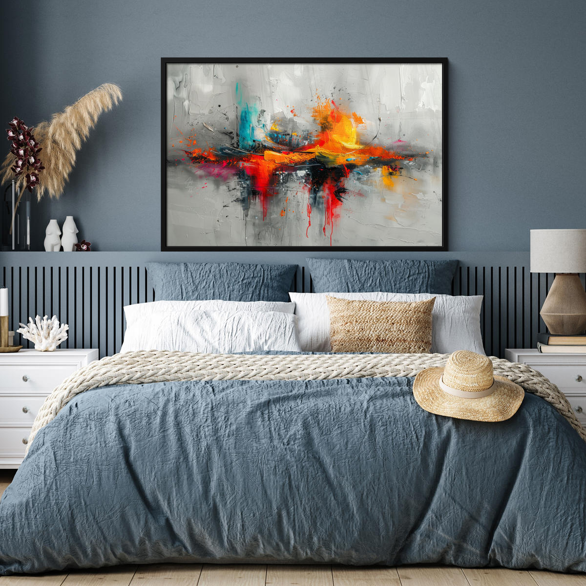 POSTER MIT RAHMENGERAHMTES BILD Moderne Kunst - Orange - Grau - Abstrakt 120x80 cm - Hellgrau, Papier (120/80cm) - MuchoWow