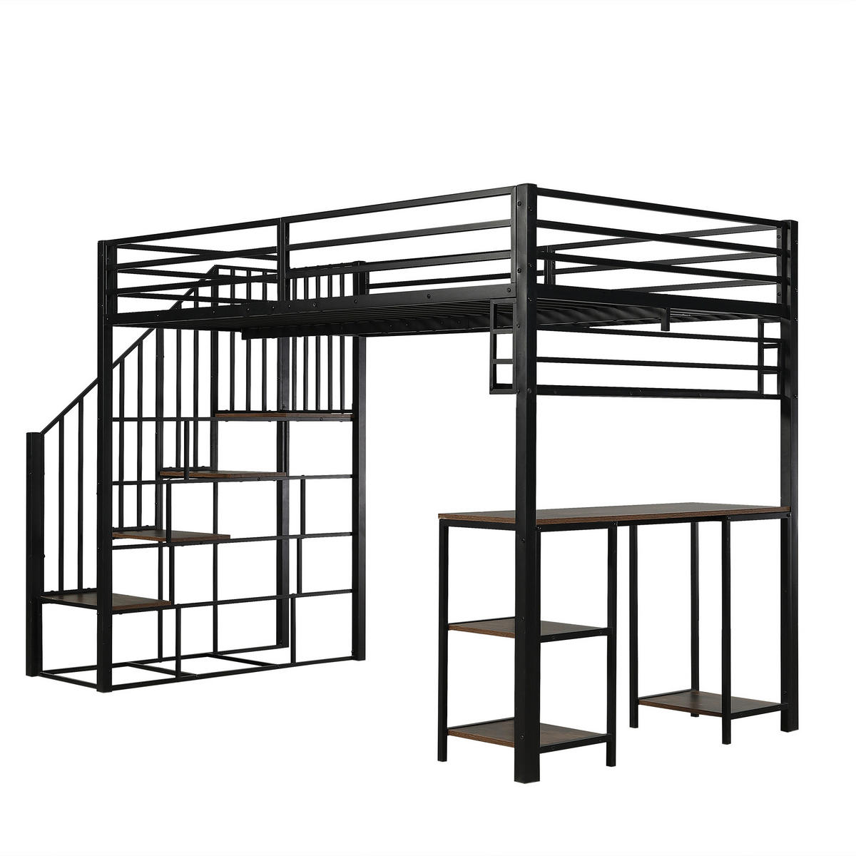 HOCHBETT 120/200 cm in Schwarz & Dunklem Walnuss mit Treppe, Schreibtisch und Regal Metall - Schwarz, Holzwerkstoff/Metall (120/200cm) - CHICFURN