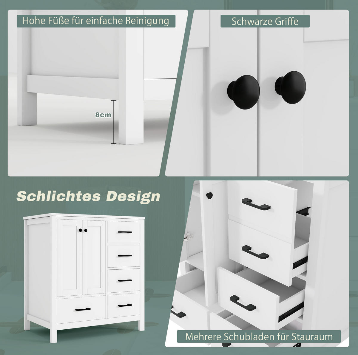 FREISTEHENDER Badezimmerschrank aus MDF und Keramik 76x46x82 cm Weiß mit Waschbecken und Stauraum - Weiß, Keramik (76/82/46cm) - Modfu
