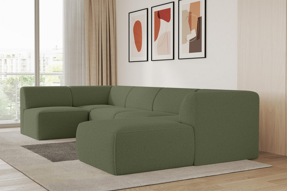 WOHNLANDSCHAFT Ottomane Rechts MOVO-L 345x180x78 cm Grün Bouclé - Dunkelgrün, Holzwerkstoff/Kunststoff (180/78/345cm) - ALTDECOR