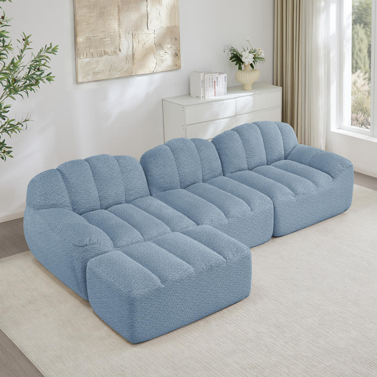ECKSOFA Granulierter Fleece Blau mit Ottomane - Blau, Textil (288/165cm) - WISHDOR