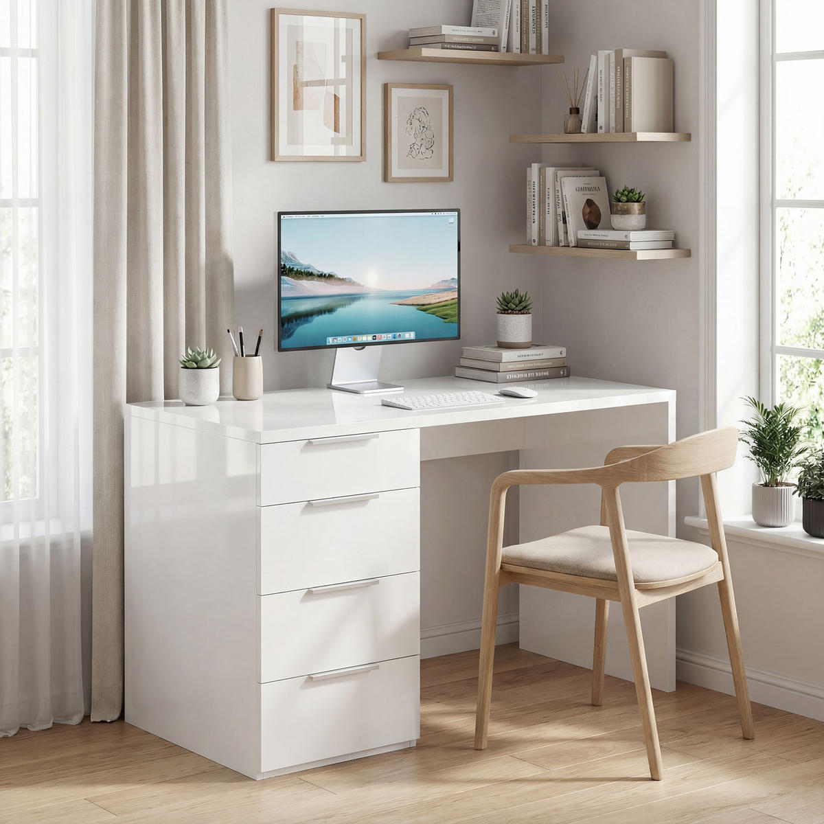 SCHREIBTISCH Weiß Hochglanz mit 4 Schubladen und Bodengleitern 110/61,5/75 cm - Weiß Hochglanz, Holzwerkstoff (61.5/110/75cm) - PANGIVO
