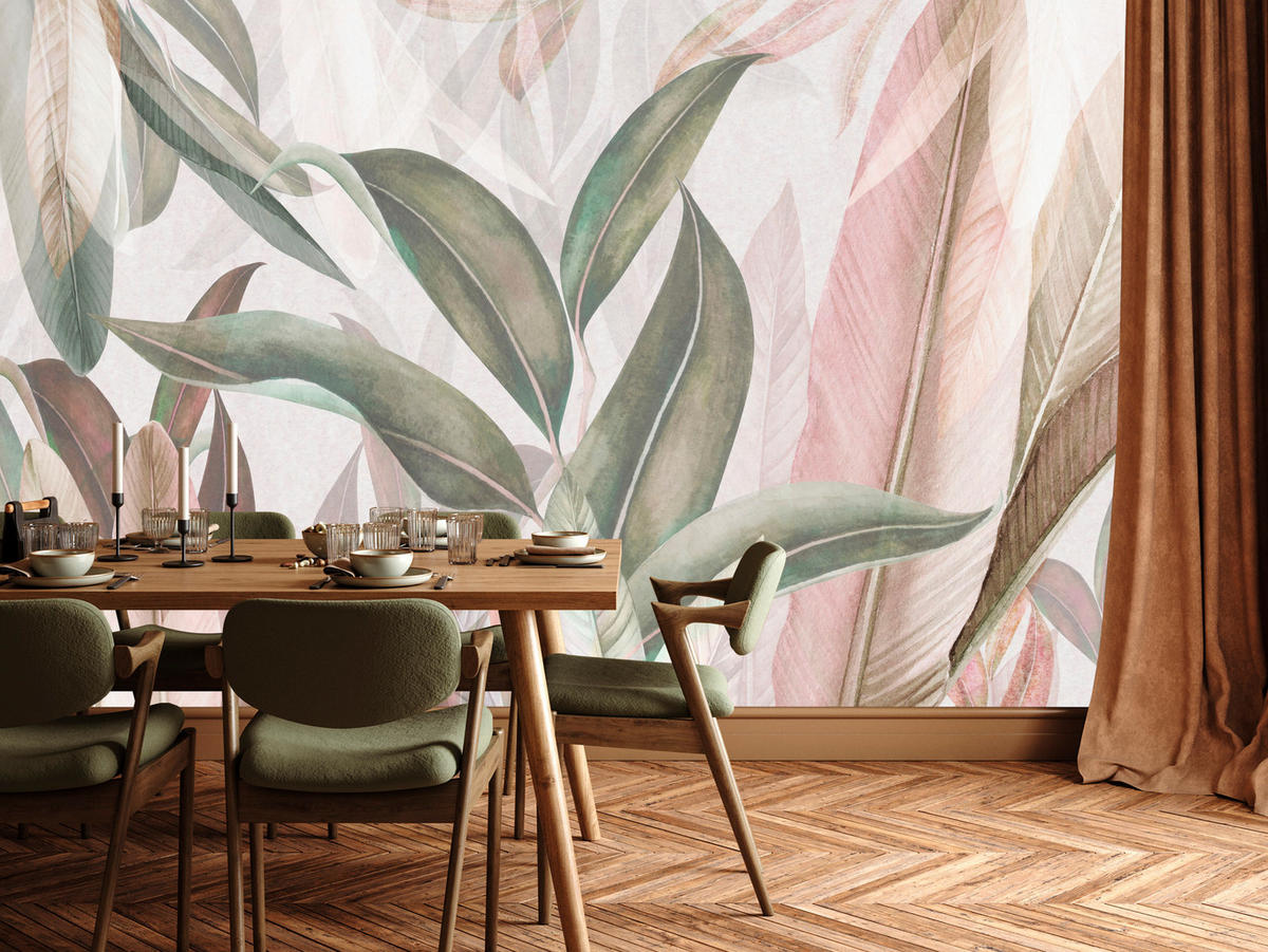 FOTOTAPETE für Wohnzimmer Empfindlich Pastell Bananenblätter 400x280 - Beige/Rosa, Papier (400/280cm) - Muralo