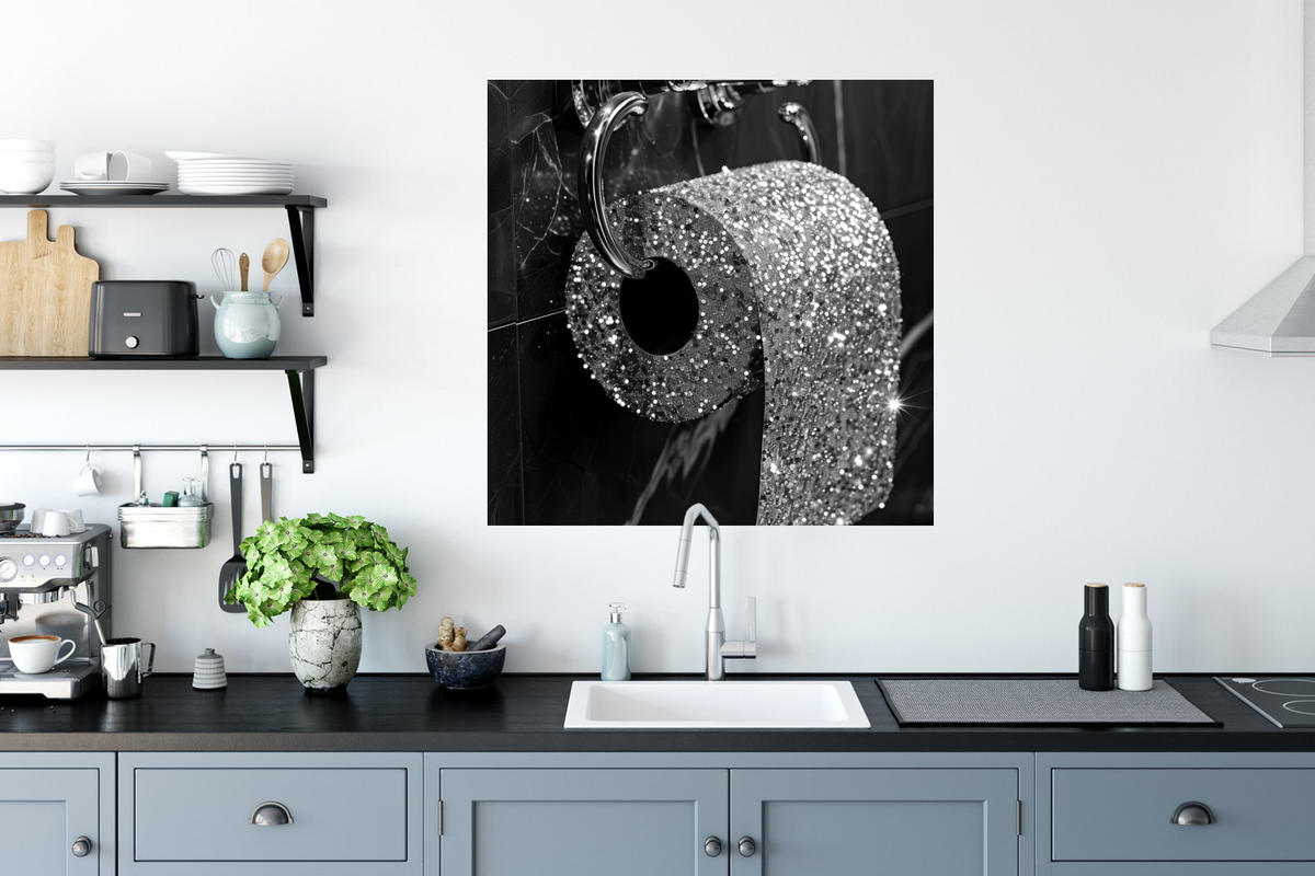 WANDTATTOO WC - Toilettenpapier - Schwarz und weiß - Glitter 50x50 cm - Silberfarben, Kunststoff (50/50/0.1cm) - MuchoWow