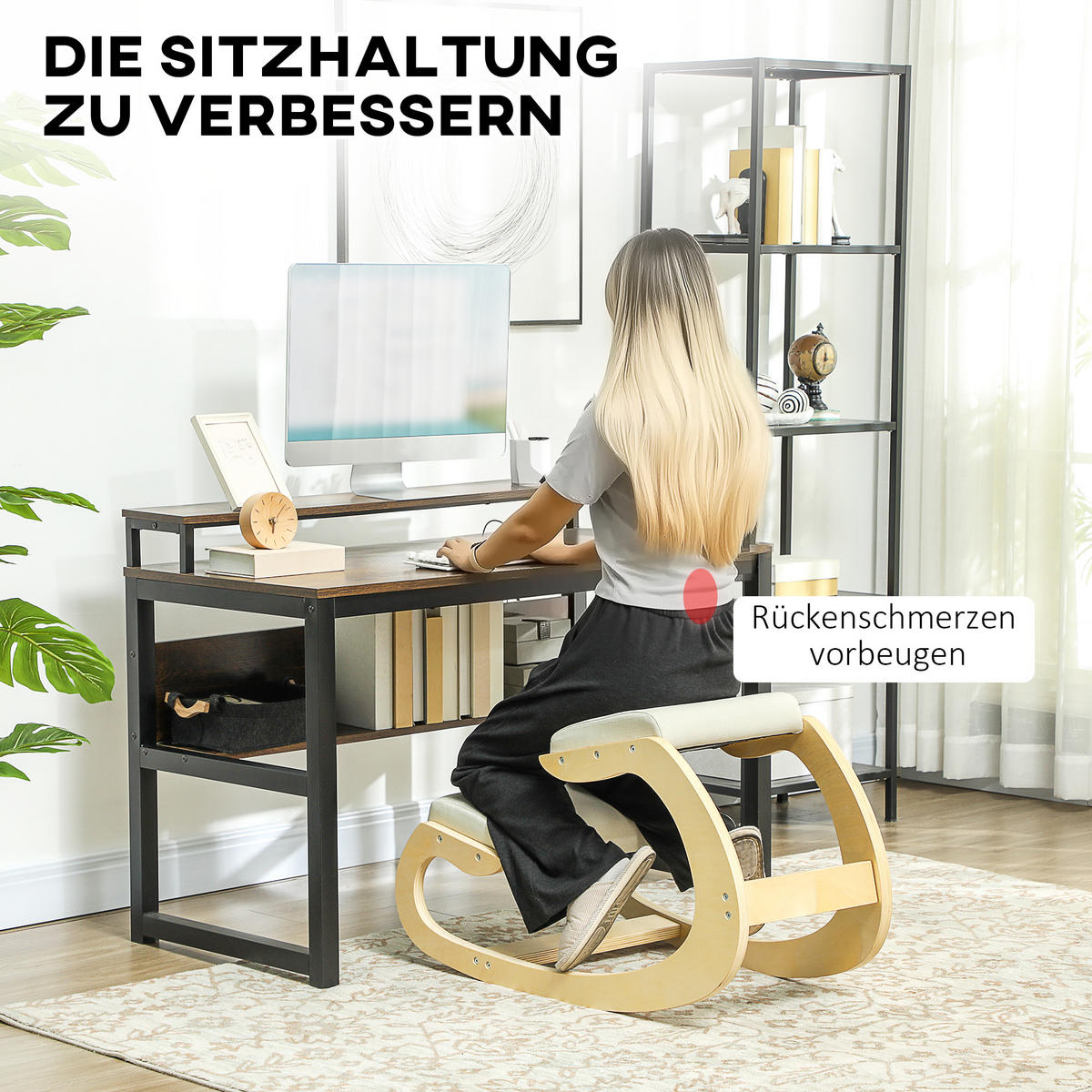 ERGONOMISCHER Kniehocker für Homeoffice, verbessert die Körperhaltung, Creme - Creme, Holz/Textil (85/55/55cm) - HOMCOM
