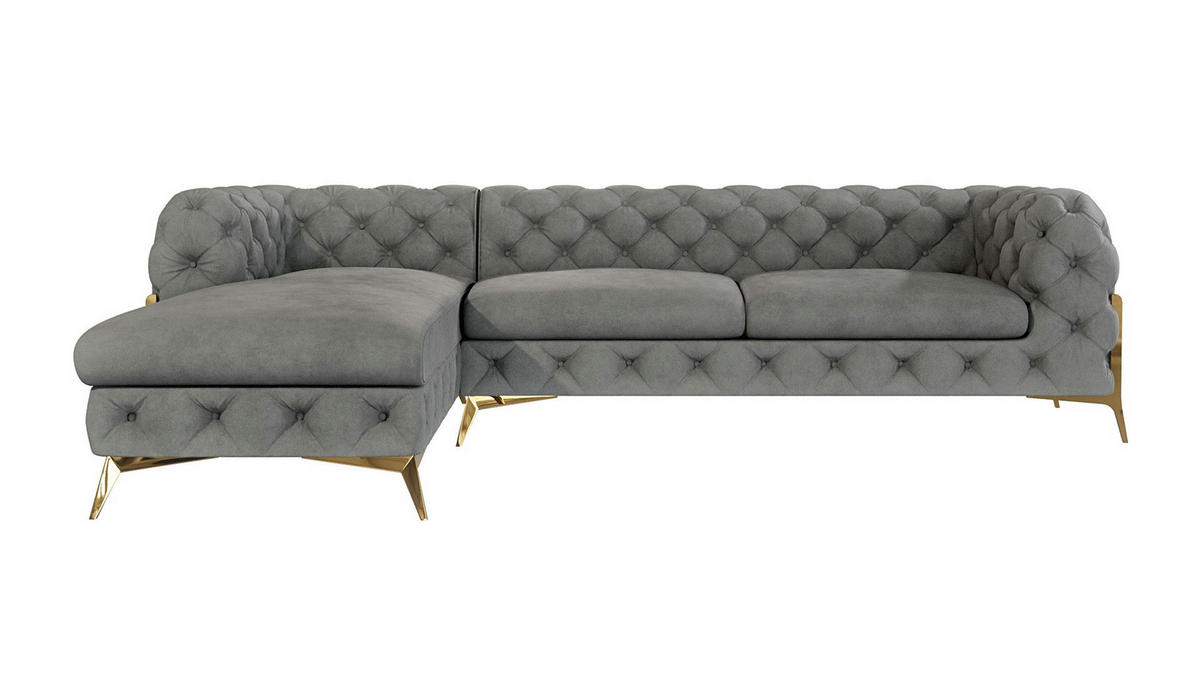 ECKSOFA Chesterfield Lexi Grau Samt, Ottomane links - Goldfarben/Grau, Holz/Textil (305/200cm) - S-Style Möbel