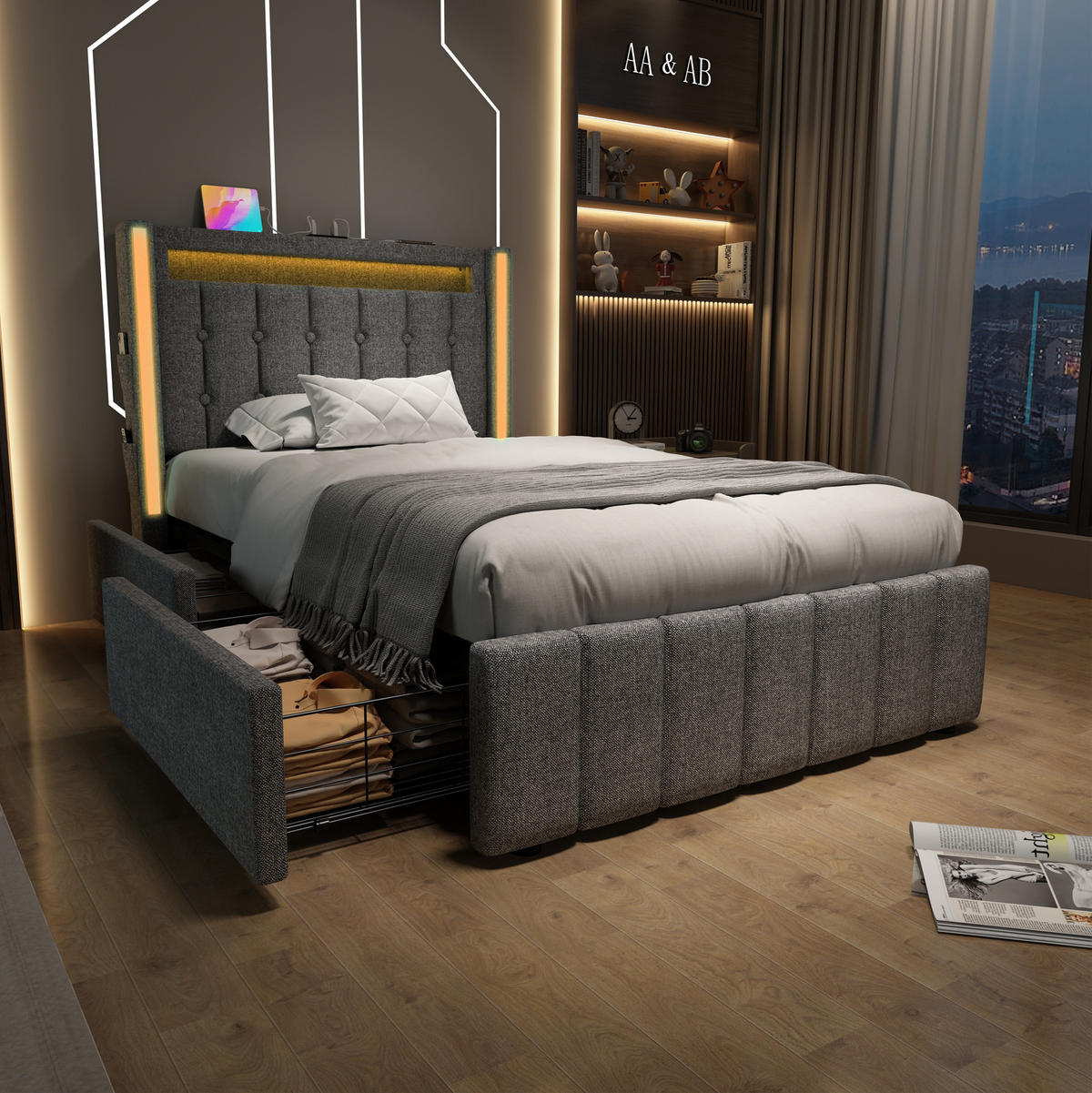 POLSTERBETT mit LED, USB und 2 Schubladen 90x200 cm Grau mit Matratze - Grau, Metall (90/200cm) - Meubliv