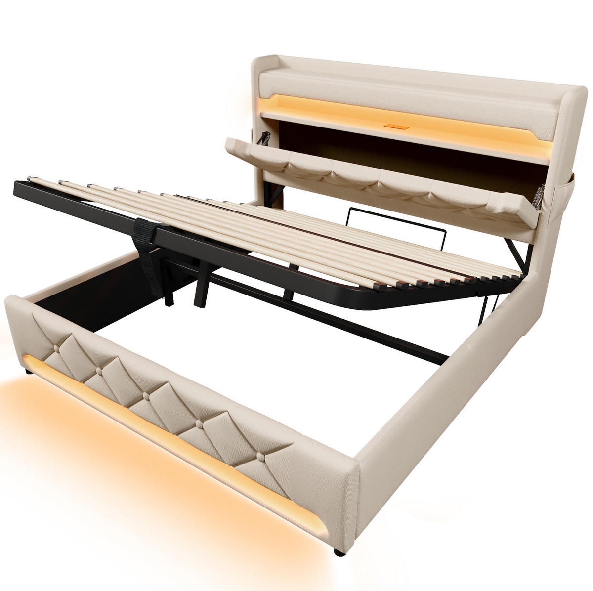 POLSTERBETT mit Bettkasten 160/200 cm in Beige mit LED und USB-C - Beige, Textil (160/200cm) - BEAOK