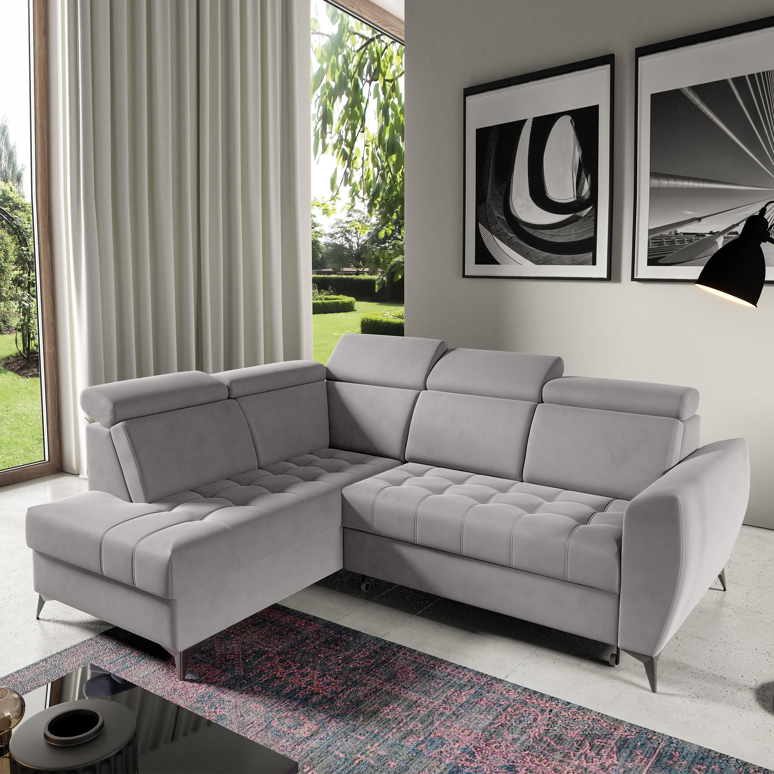 ECKSCHLAFSOFA Aurora II mit verstellbare Kopfstützen, Hellgrau, links - Hellgrau/Schwarz, Textil (266/204cm) - Beautysofa