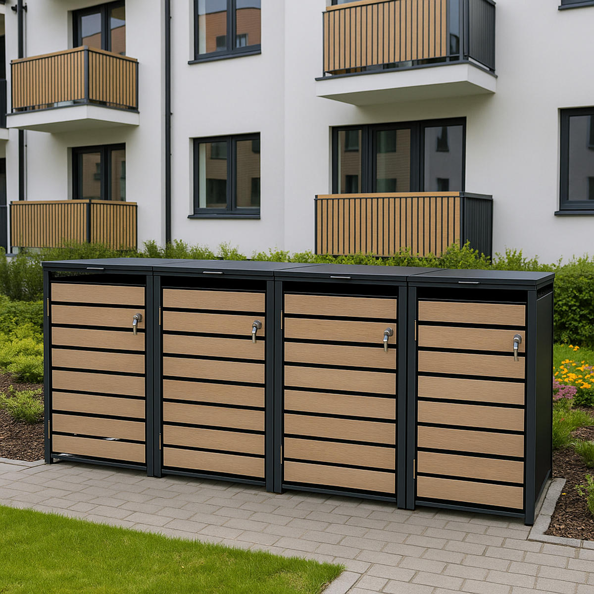 MÜLLTONNENVERKLEIDUNG Liverpool - Mülltonnenbox für 4 - in Holzoptik - , Stahl pulverbeschichtet verzinkt, anthrazit - Grau, Metall (264/116/80cm) - TPFGarden