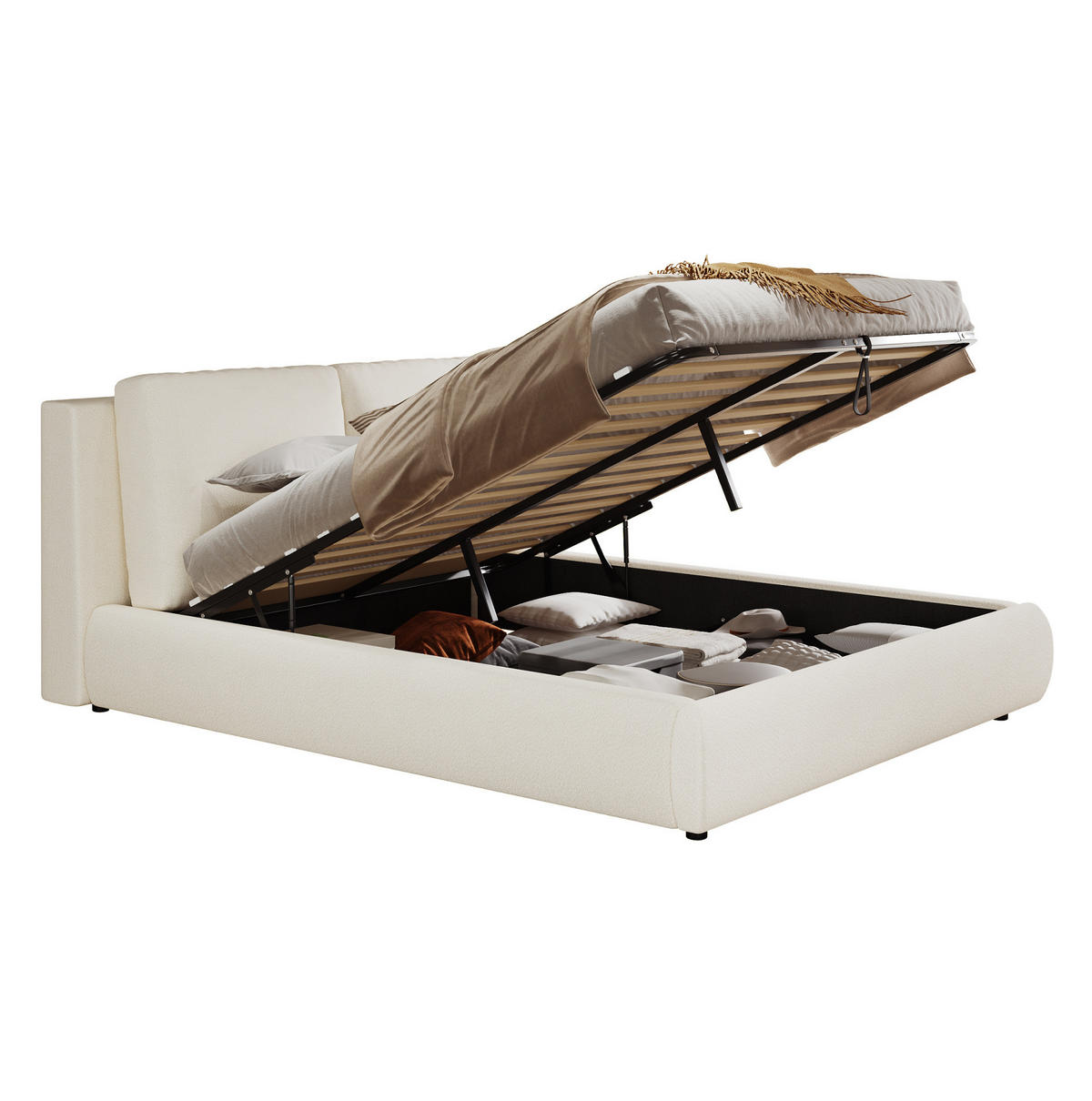 POLSTERBETT 180/200 cm mit Lattenrost, hydraulischem Stauraum und Bouclé-Bezug, Beige - Beige, Textil (180/200cm) - Redom