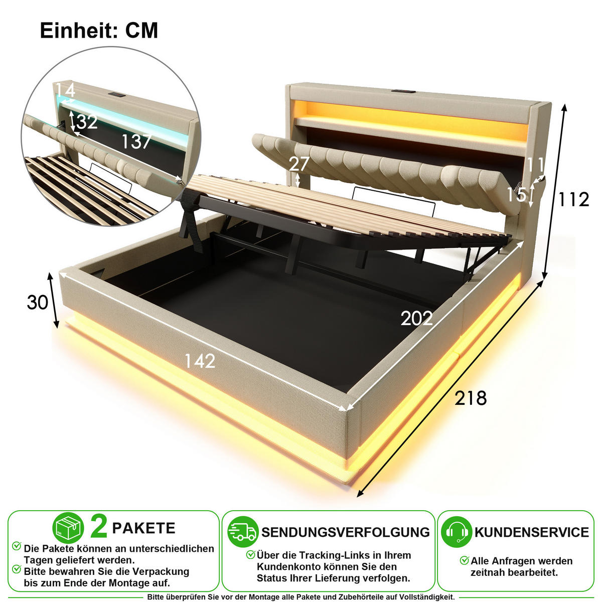 ČALOUNĚNÁ POSTEL 140/200 cm v béžové barvě s úložným prostorem, LED, USB a Type-C - béžová, kov/kompozitní dřevo (140/200cm) - CHICFURN