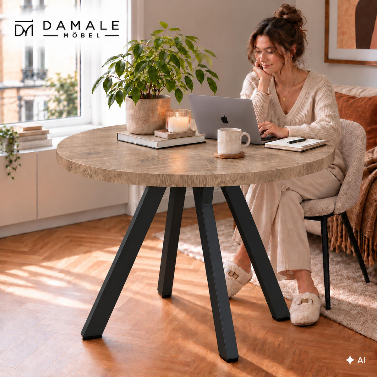 ESSTISCH rund ausziehbar 90/190/76 cm, Braun Eiche Halifax Egger, 54 cm Tischplatte + Y Metallgestell Schwarz - Eichefarben/Schwarz, Holzwerkstoff/Metall (90/190/76cm) - Damale Möbel