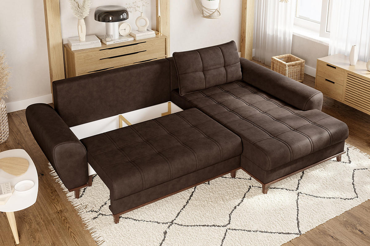 ECKSOFA im Scandi-Stil, Schlaffunktion, Bettkasten B268/T175/H86 cm, Ottomane rechts, Liegefl. 128x209 cm, Mikrofaserstoff in Vintage Braun / 21017 - Eichefarben/Braun, Holz/Textil (268/175cm) - luma-home