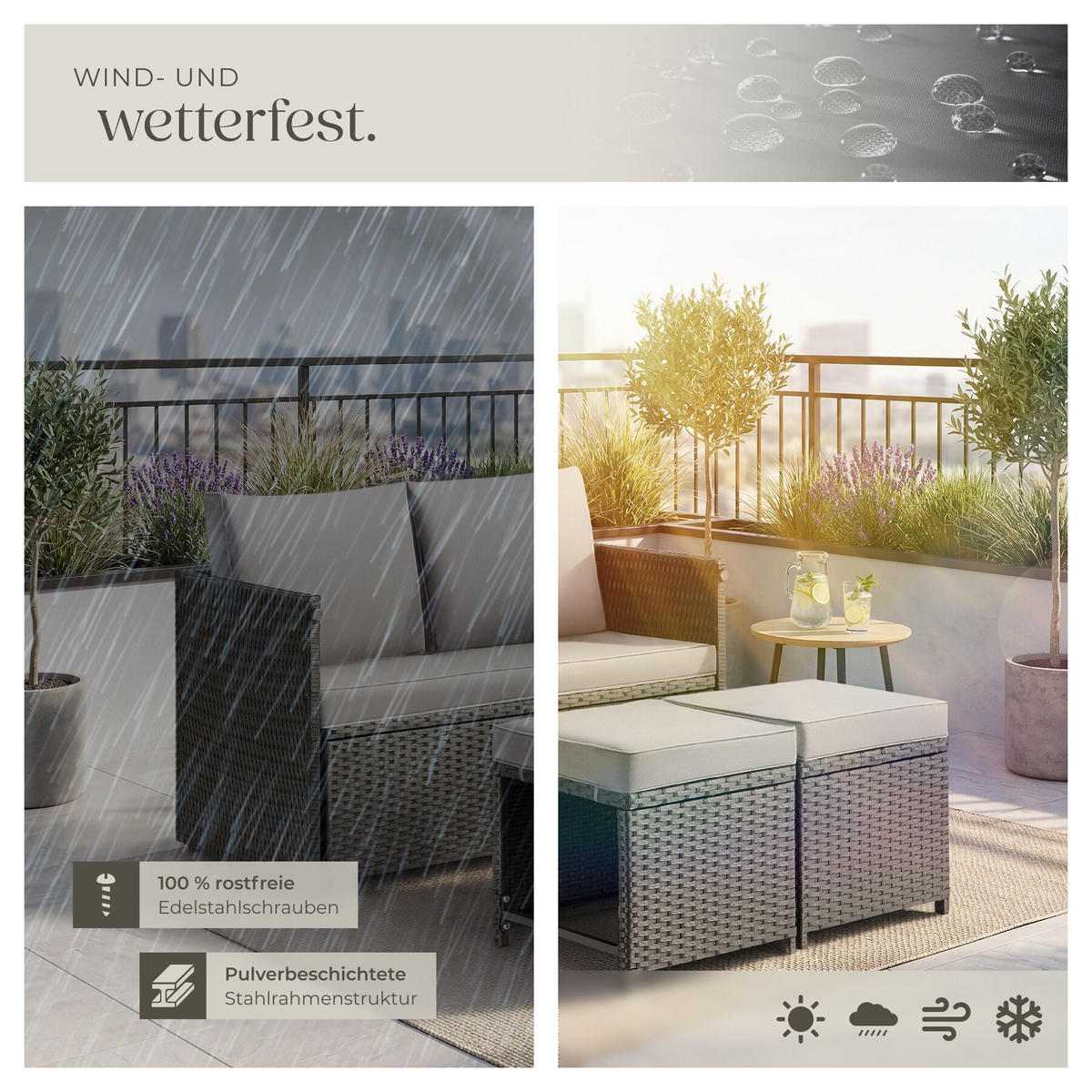 2-IN-1-RATTANLOUNGE-SET Monopoli, höhenverstellbare Tischfüße, schwarz - Schwarz, Kunststoff - tectake