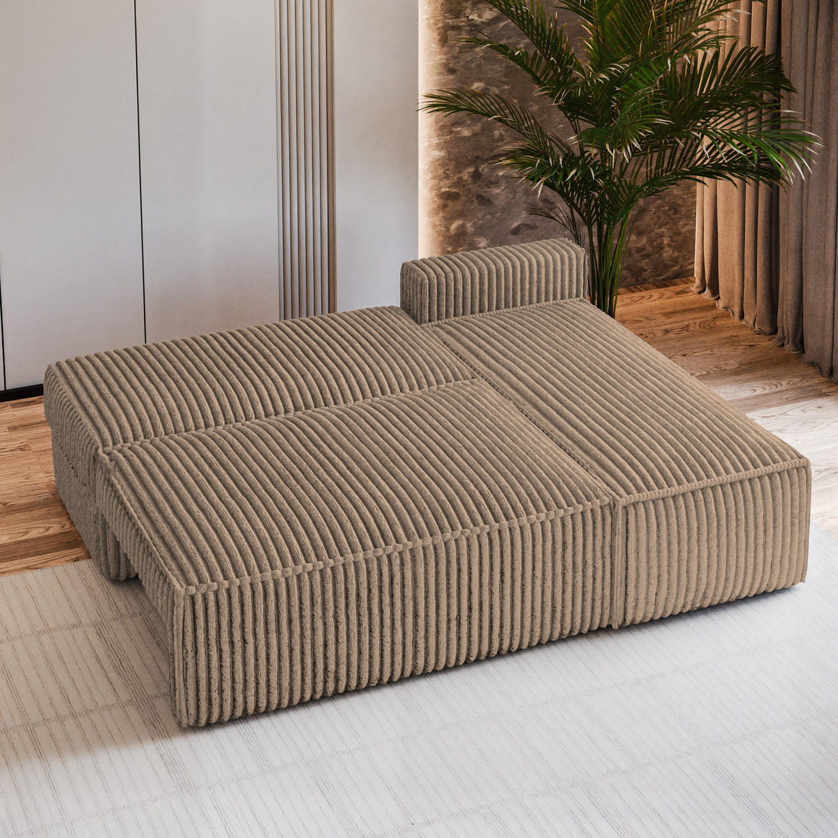 ECKSOFA BRISO T Beige Kordstoff mit Schlaffunktion - Beige, Holz (200/140cm) - MASSENO
