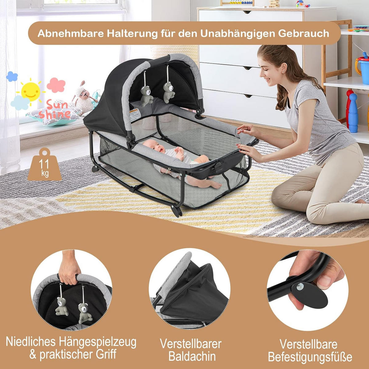 BABYBETT 5 in 1 Babyreisebett Schwarz - Schwarz, Textil - COSTWAY