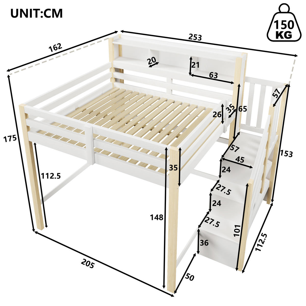 HOCHBETT 140/200 cm DE-33119 mit LED und Stauraumtreppe Weiß/Natur - Naturfarben, Holzwerkstoff (140/200cm) - ComfortXL