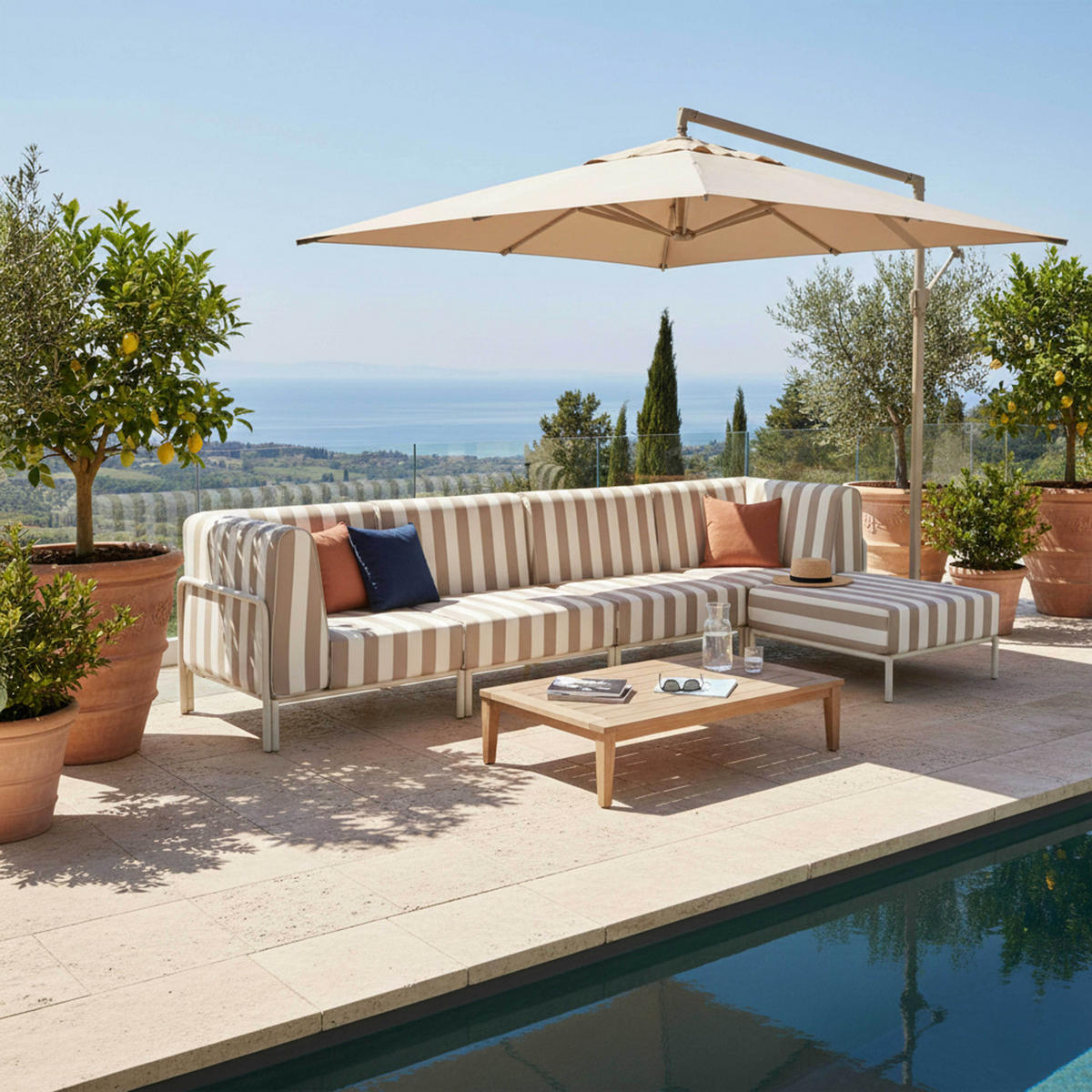 GARTENSOFA mit 5 Sitzplätzen, Beige - Beige, Metall - Oviala