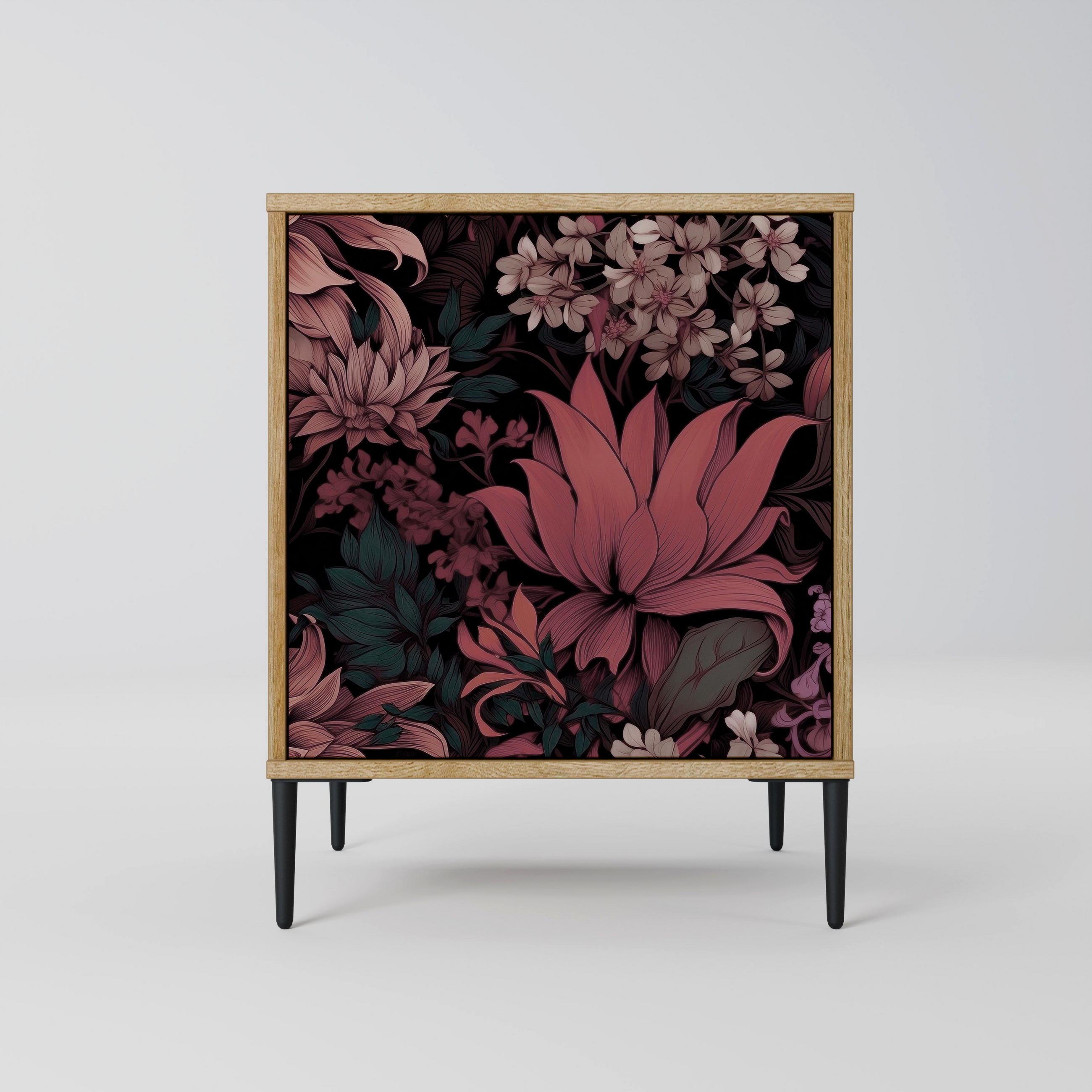 SIDEBOARD FLORAL WHISPER, Eichefarben, 57,5x42x72,5 cm, Schwarze Metallfüße - Eichefarben/Multicolor, Holzwerkstoff/Metall (57.5/72.5/42cm) - SpaceRebels