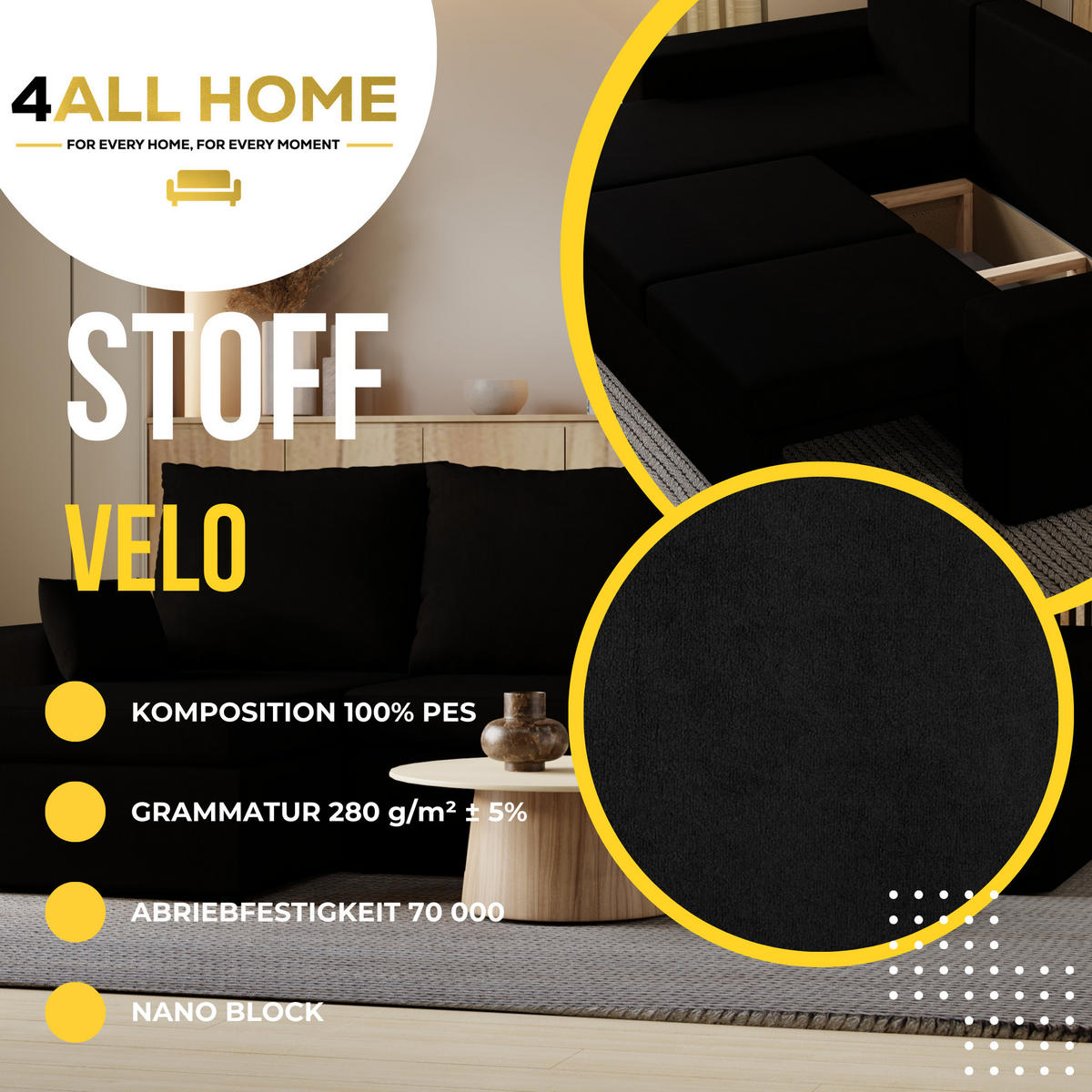 ECKSOFA Paco mit Bettkasten und Schlaffunktion, L-Form/XL-Form, Velourstoff, Universal - Schwarz, Holzwerkstoff (246/145cm) - 4ALL HOME