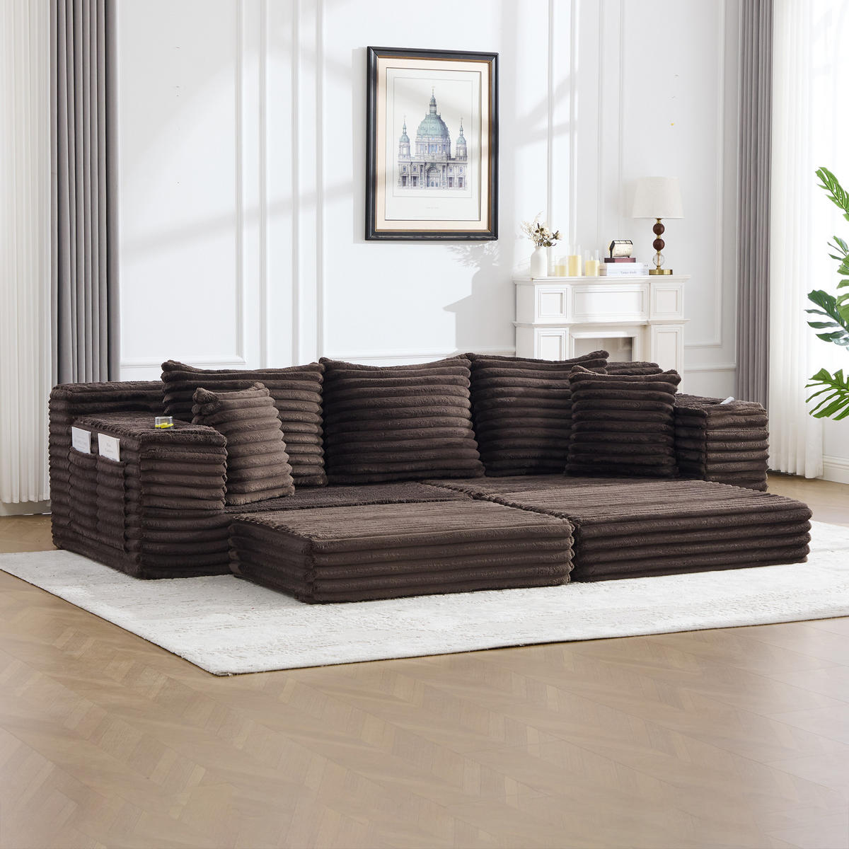SCHLAFSOFA aus Cord mit Getränkehaltern und Kissen, Kaffeebraun - Mokka, Textil (107.48/34.25/38.58cm)