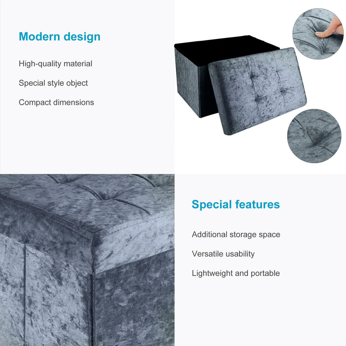 SITZBOX Faltbar mit Samtbezug 49/30/30 cm (Grau) - Grau, Karton (30/30/49cm) - Intirilife