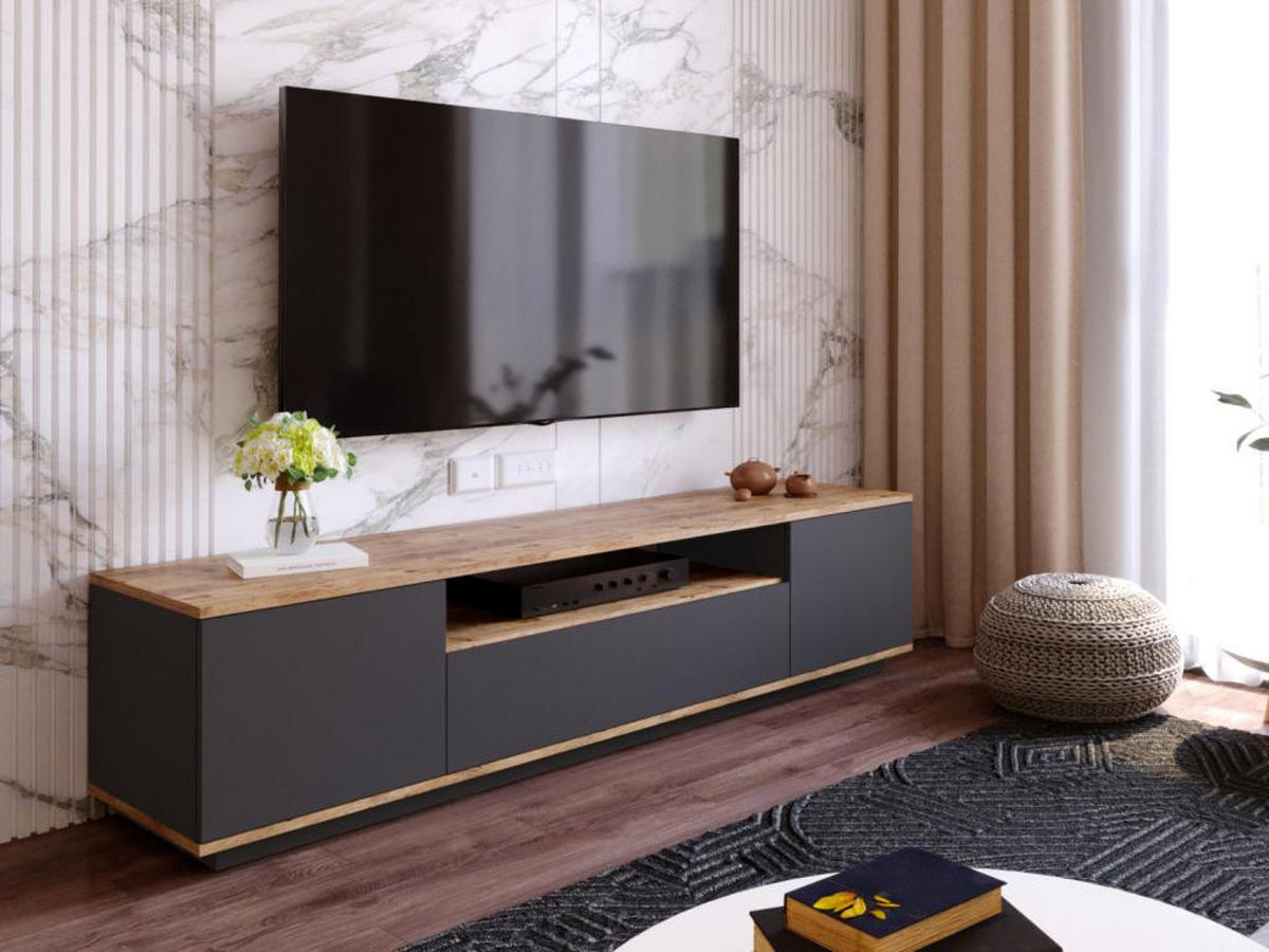 TV-MÖBEL mit 3 Türen & 1 Ablagefach - Anthrazit & Holzfarben - LOTULA - Anthrazit, Holz (44.5/44.6/180cm) - Vente-Unique