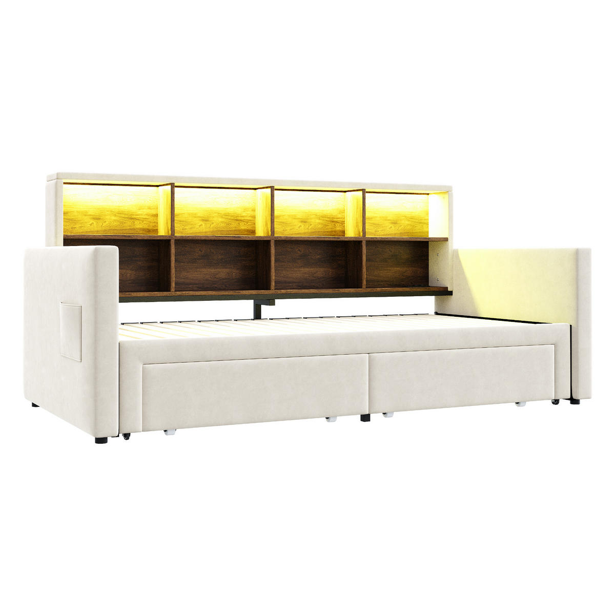 AUSZIEHBETT 90/180/190 cm DE-02121, in Beige, mit LED, Staufächern und 2 Schubladen - Beige, Metall (90/190cm) - ComfortXL