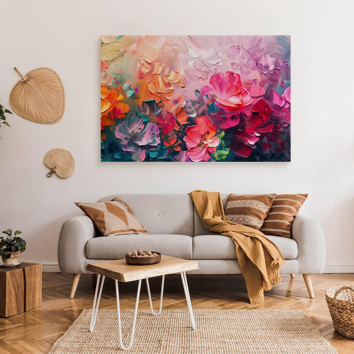 LEINWANDBILD Abstrakte Blumen Malarei 100x70 cm - Türkis/Blau, Textil (100/70cm) - Muralo