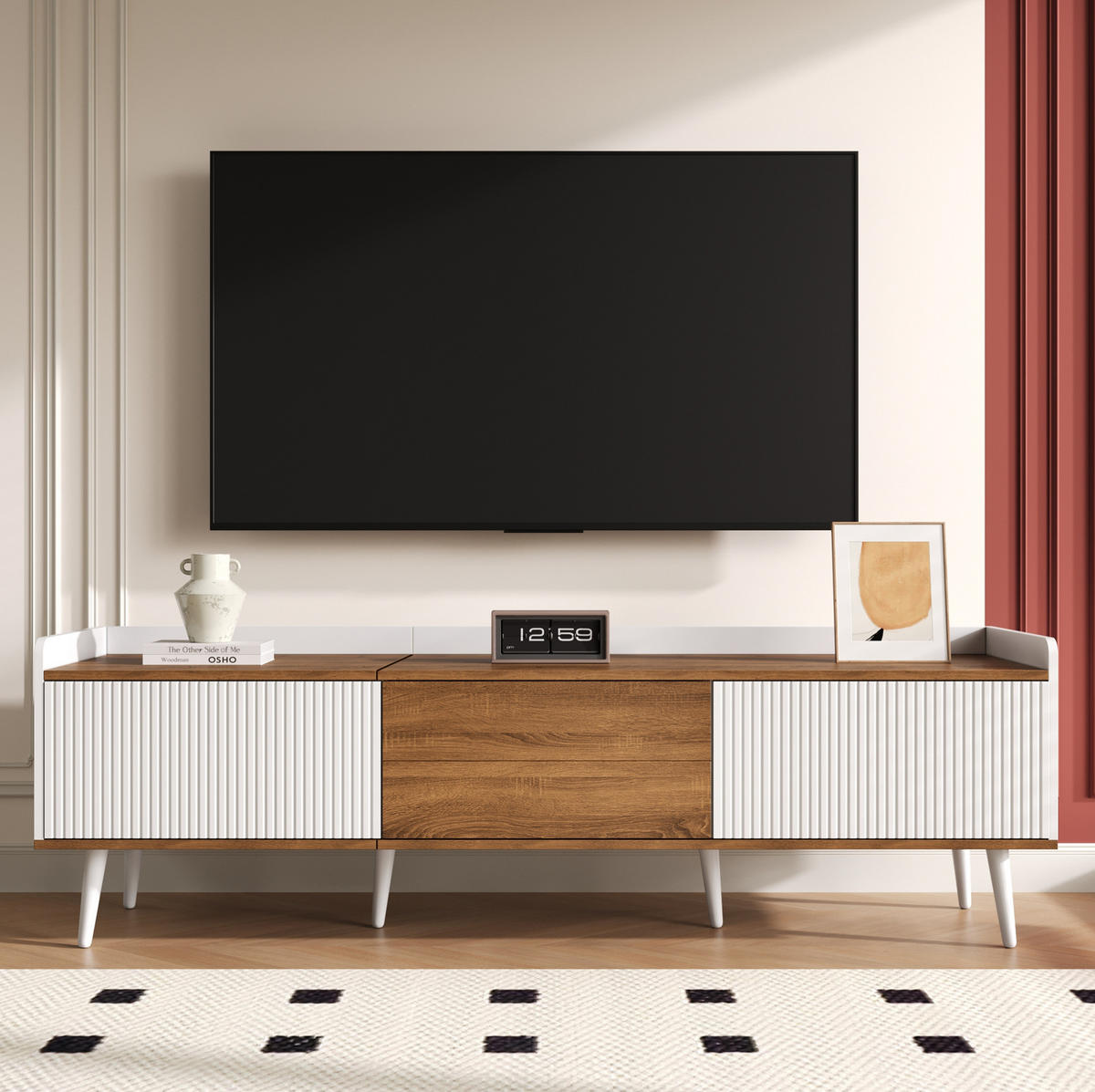 LOWBOARD 160/39/49.5 cm Natur/Weiß aus MDF und Spanplatte mit 3 Türen - Weiß, Holzwerkstoff (39/49.5/160cm) - OKMYHOME