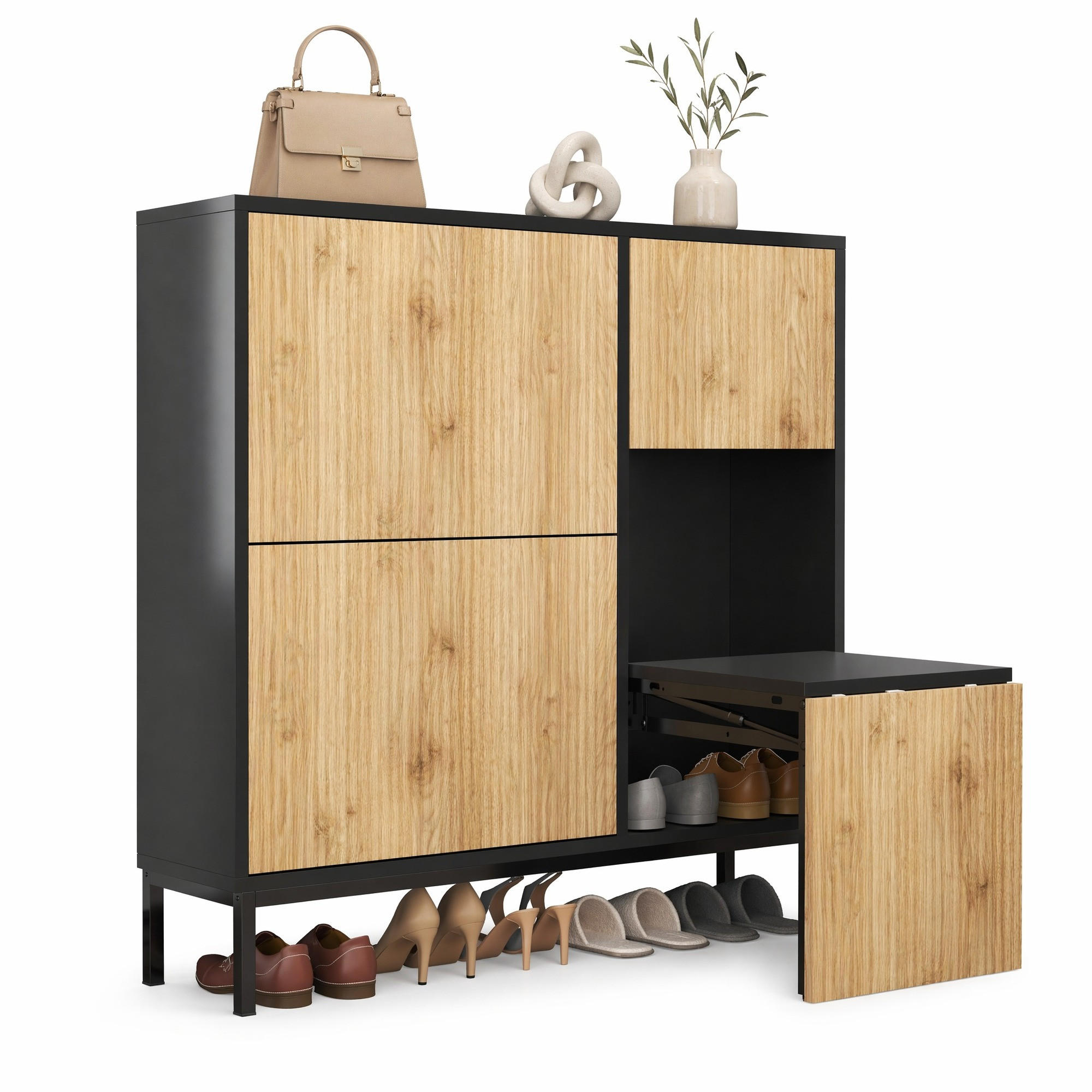 SCHUHSCHRANK in Schwarz und Naturfarben Schuhkipper mit Schuhwechselhocker für Flur, B100/T25/H100 cm - Schwarz/Naturfarben, Holzwerkstoff/Metall (100/100/25cm) - STILVORA