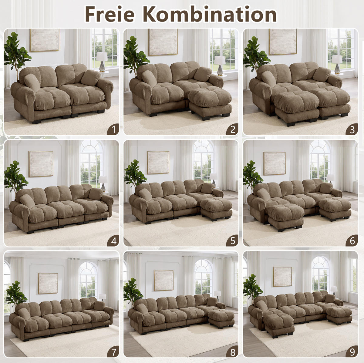 SOFA 190/149/90 cm in Braun aus Chenille mit Steppnaht und Ottomane - Braun, Textil (149/90/190cm) - Flora Grace