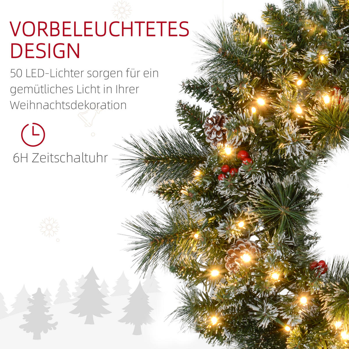 TANNENKRANZ Weihnachtskranz Türkranz Künstlicher Tannenkranz mit Lichterkette - Grün, Kunststoff/Metall (10cm) - HOMCOM