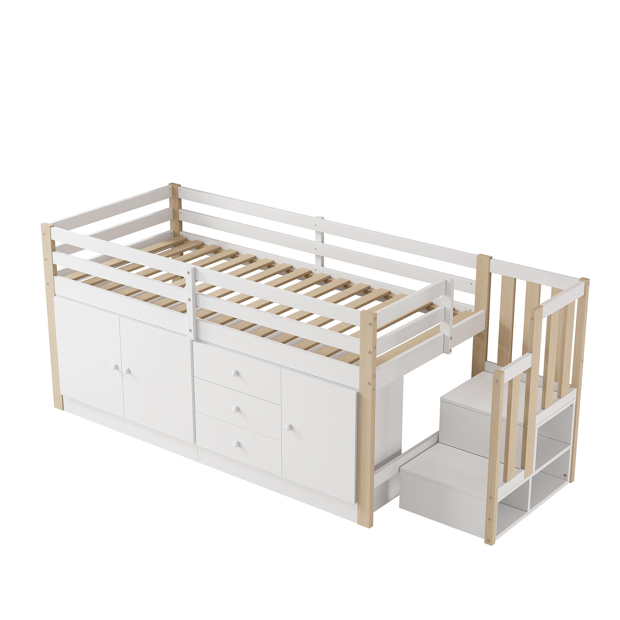 HOCHBETT 90/200 cm DE-02779, mit Treppe, Schubladen, 2 Stauschränken und Wäschestange, in Weiß - Weiß, Holzwerkstoff (90/200cm) - ComfortXL