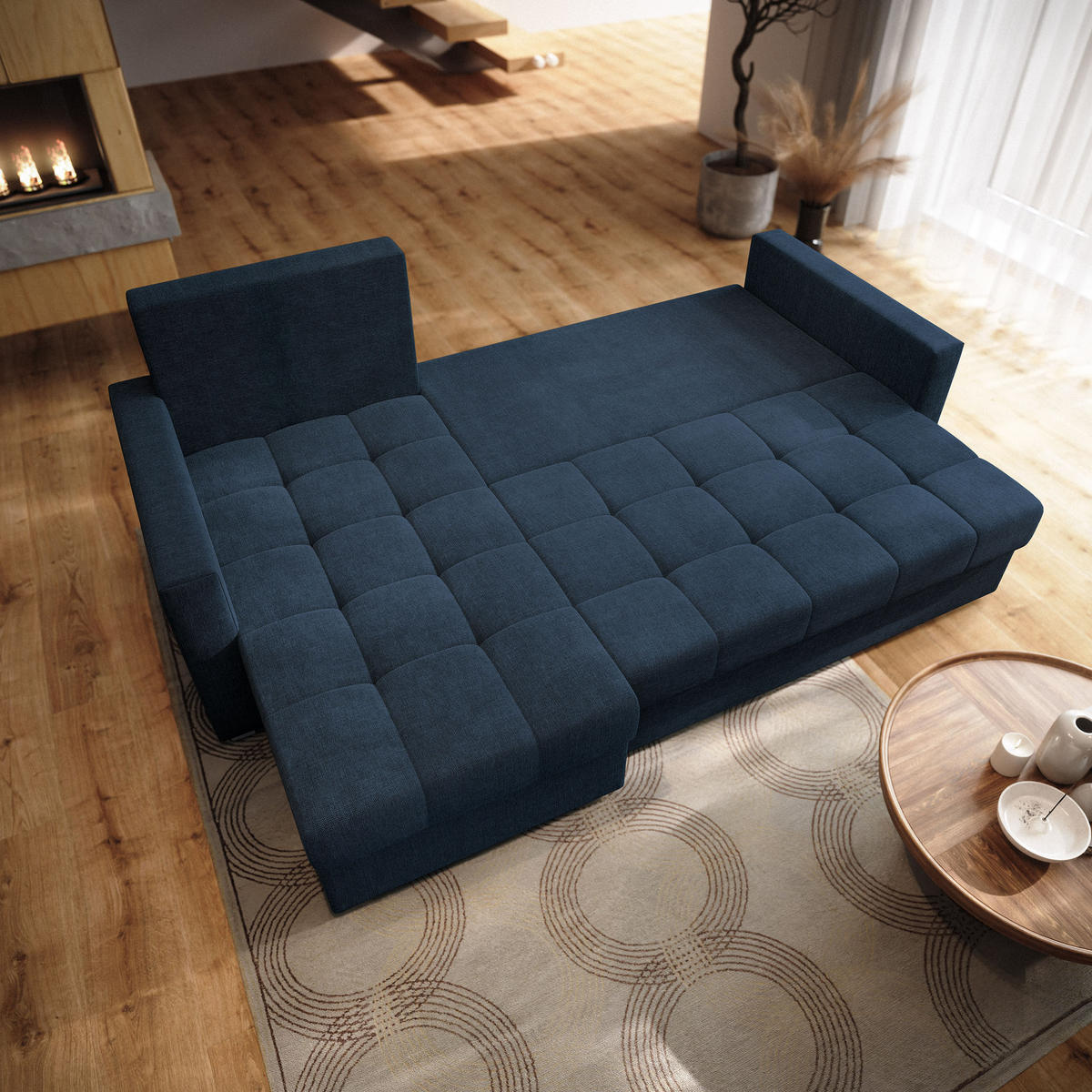 ECKSOFA NIDA Blau Geflochtener Stoff mit Schlaffunktion - Blau, Holz (220/143cm) - MASSENO