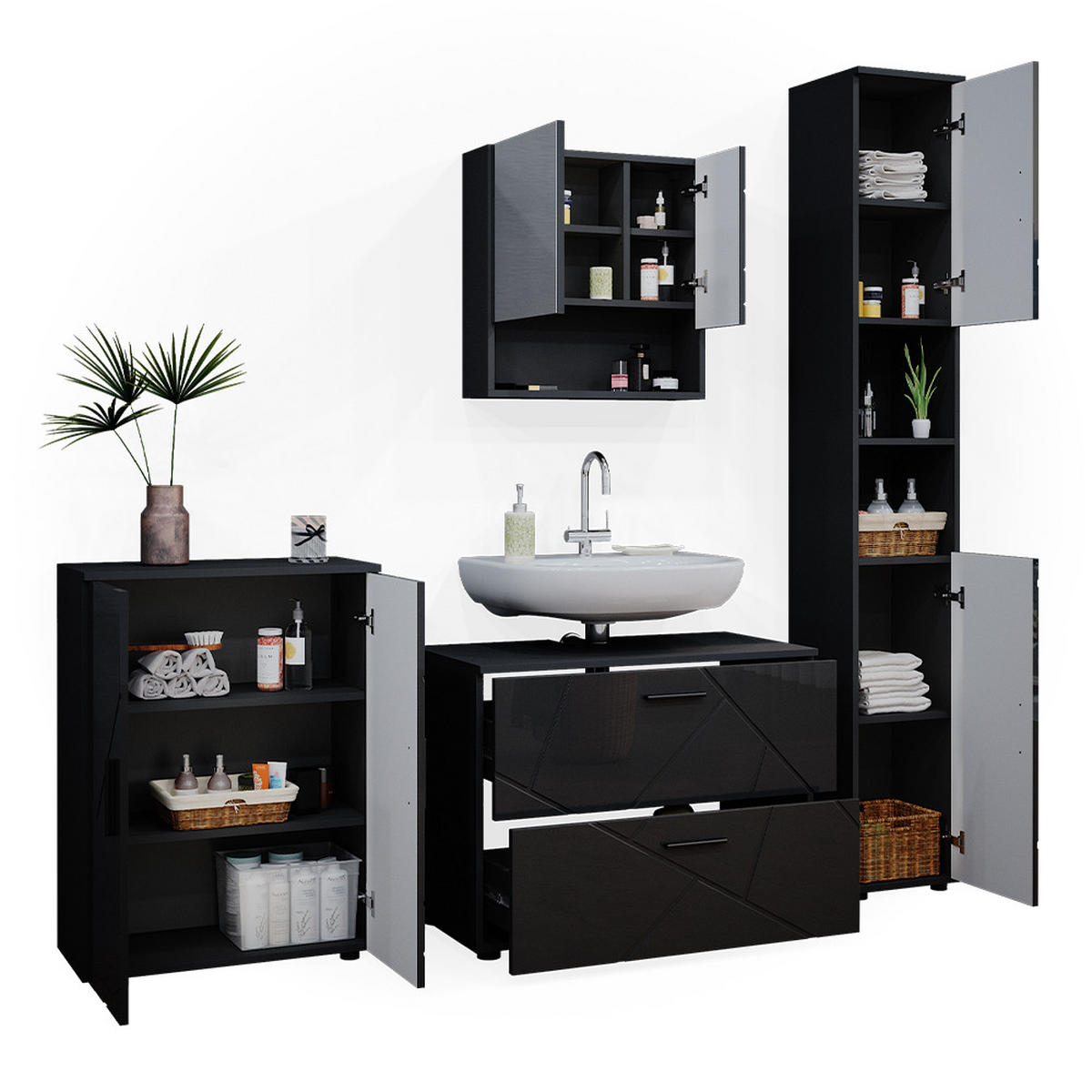 BADMÖBEL-SET Irma Anthrazit Hochglanz 4 Teile - Anthrazit, Holzwerkstoff (80/58/41cm) - Vicco