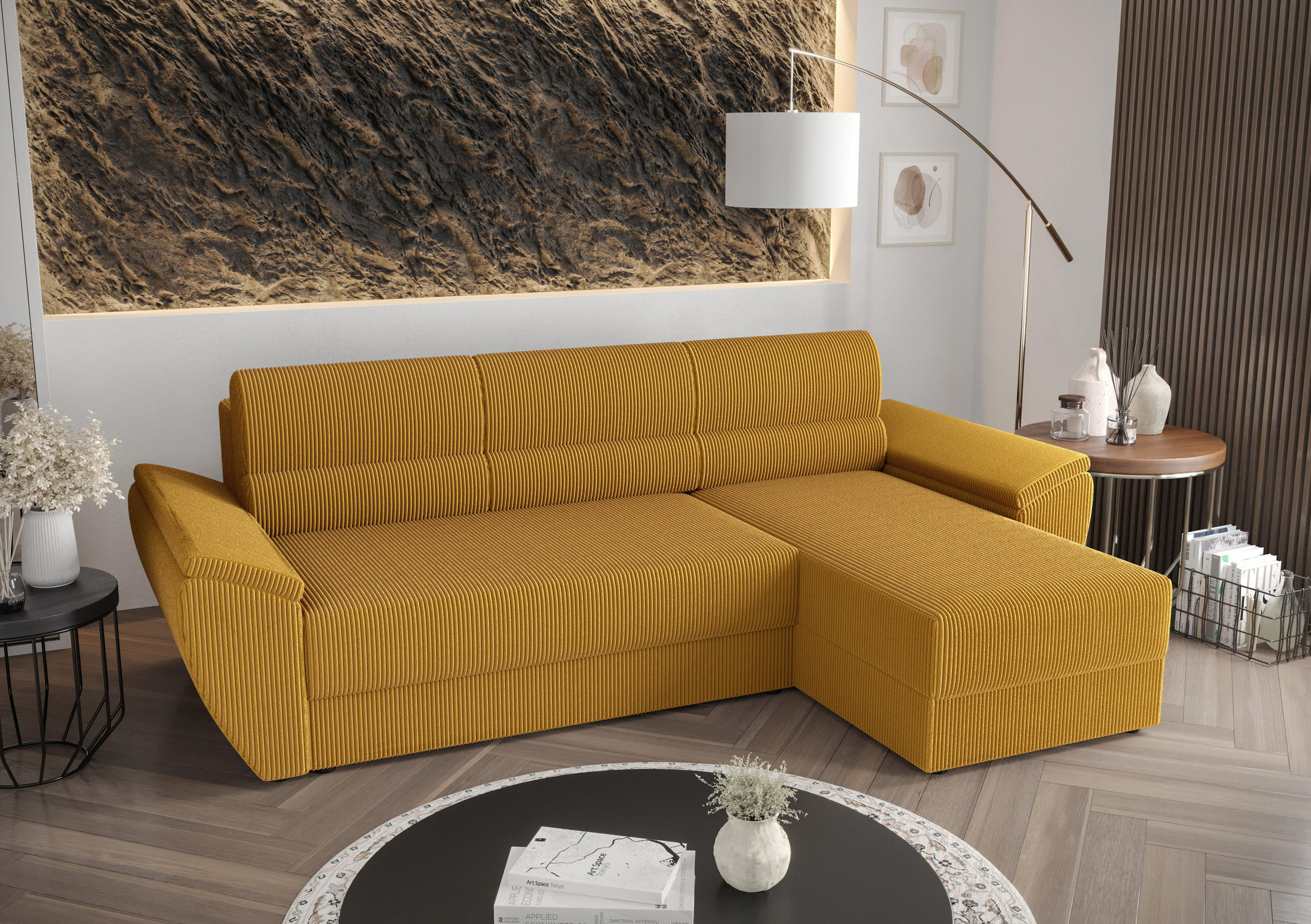 ECKSOFA L REBI L2 Poso 01 Rechts mit Schlaffunktion, Senfton, L-Form - Gelb, Textil (251/140cm)