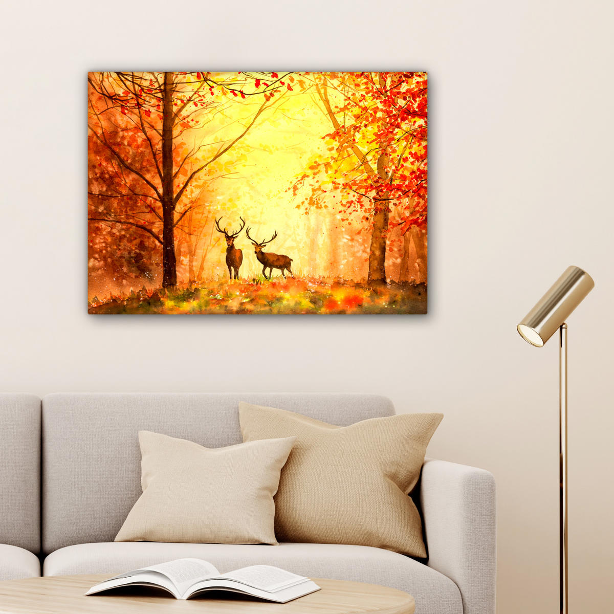 LEINWANDBILD Natur - Ölfarbe - Hirsche - Tiere - Herbst - Orange Wandbilder 80x60 cm - Orange, Textil (80/60cm) - MuchoWow