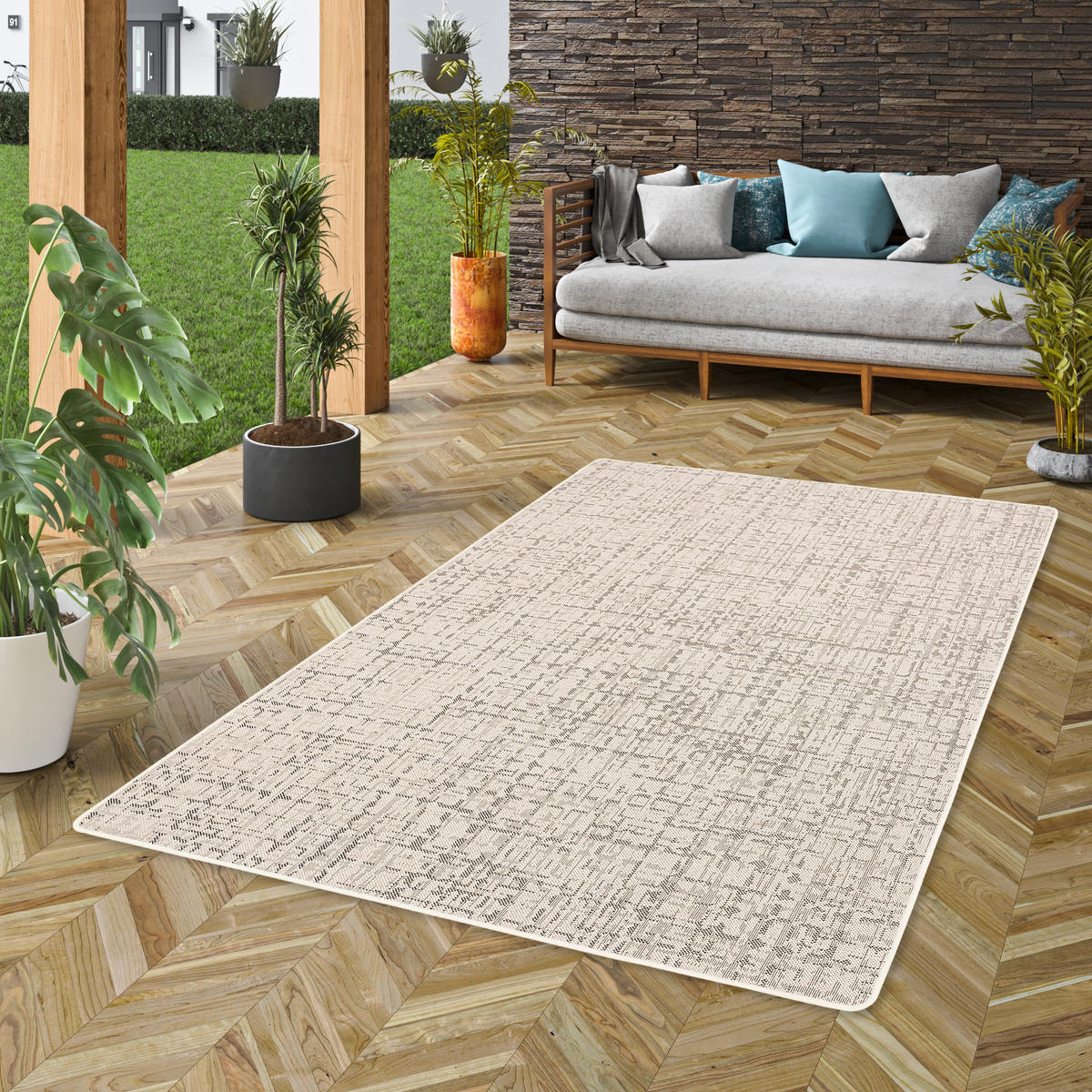 IN & OUTDOOR TEPPICH FLACHGEWEBE OSLO KARO MODERN - Creme, Textil (80/240cm) - Snapstyle