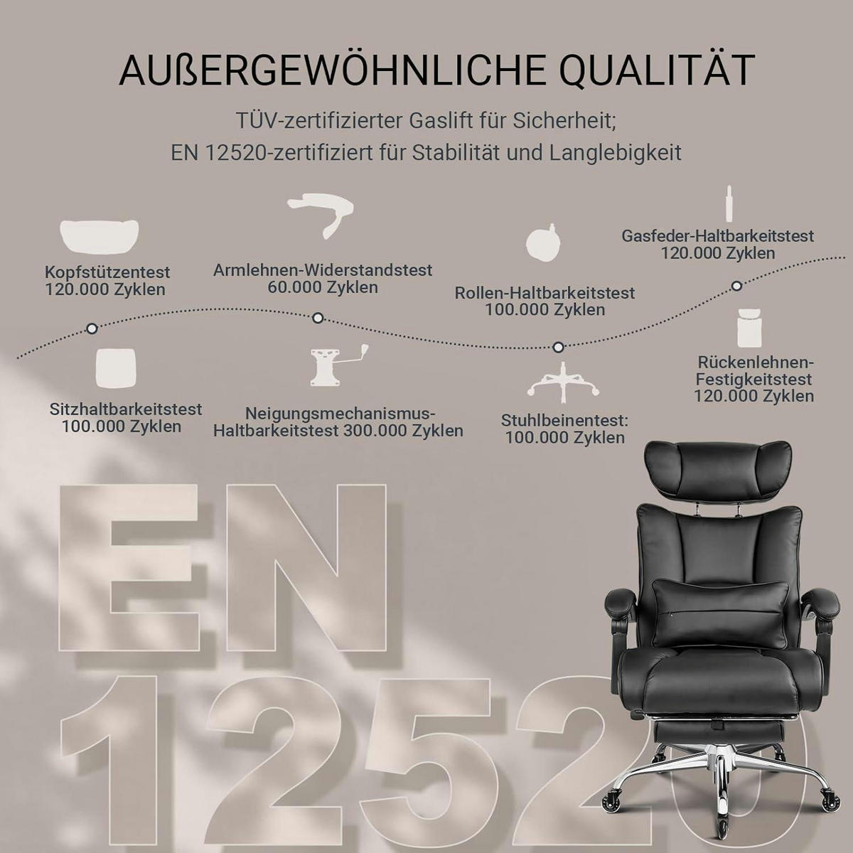BÜROSTUHL 200kg belastbar mit Fußstütze und verstellbarer Kopfstütze Schwarz - Schwarz, Kunststoff (38/66/82cm)