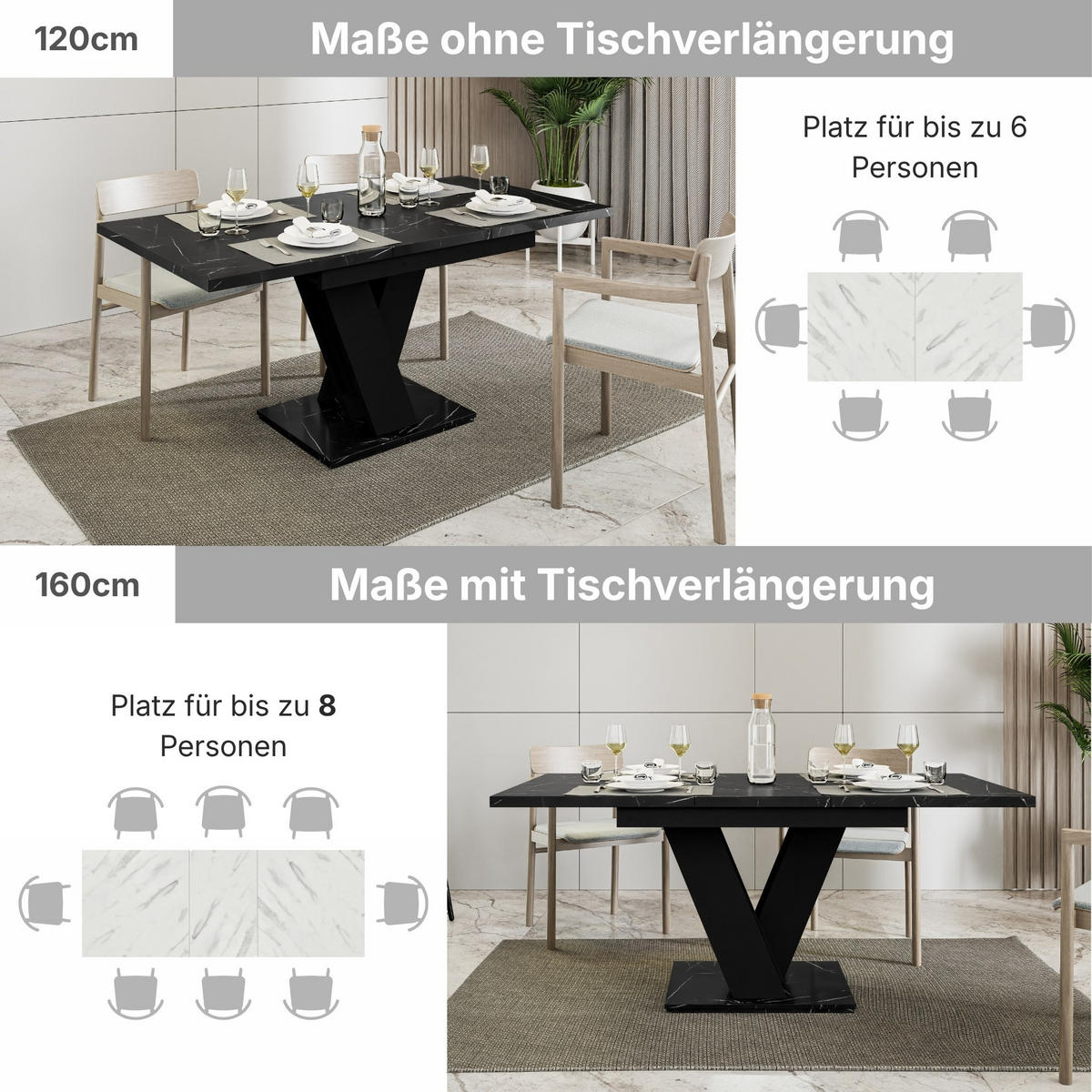 ESSTISCH Royal Schwarz Marmoptik Ausziehbar 120 - 160 cm - Schwarz, Holzwerkstoff (120/80/75cm) - PROSPERO