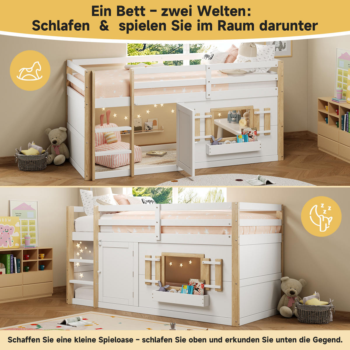 ETAGENBETT 90/200 cm in Weiss mit Leiter und Spielflaeche - Weiß, Holz/Holzwerkstoff (90/200cm) - WISHDOR