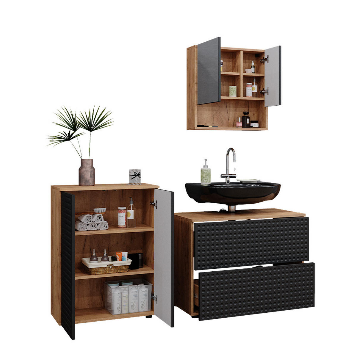BADMÖBEL-SET Irma Anthrazit gepunktet 3 Teile, mit Unterschrank 80 cm - Anthrazit/Eiche Wotan, Holzwerkstoff (80/58/41cm) - Vicco